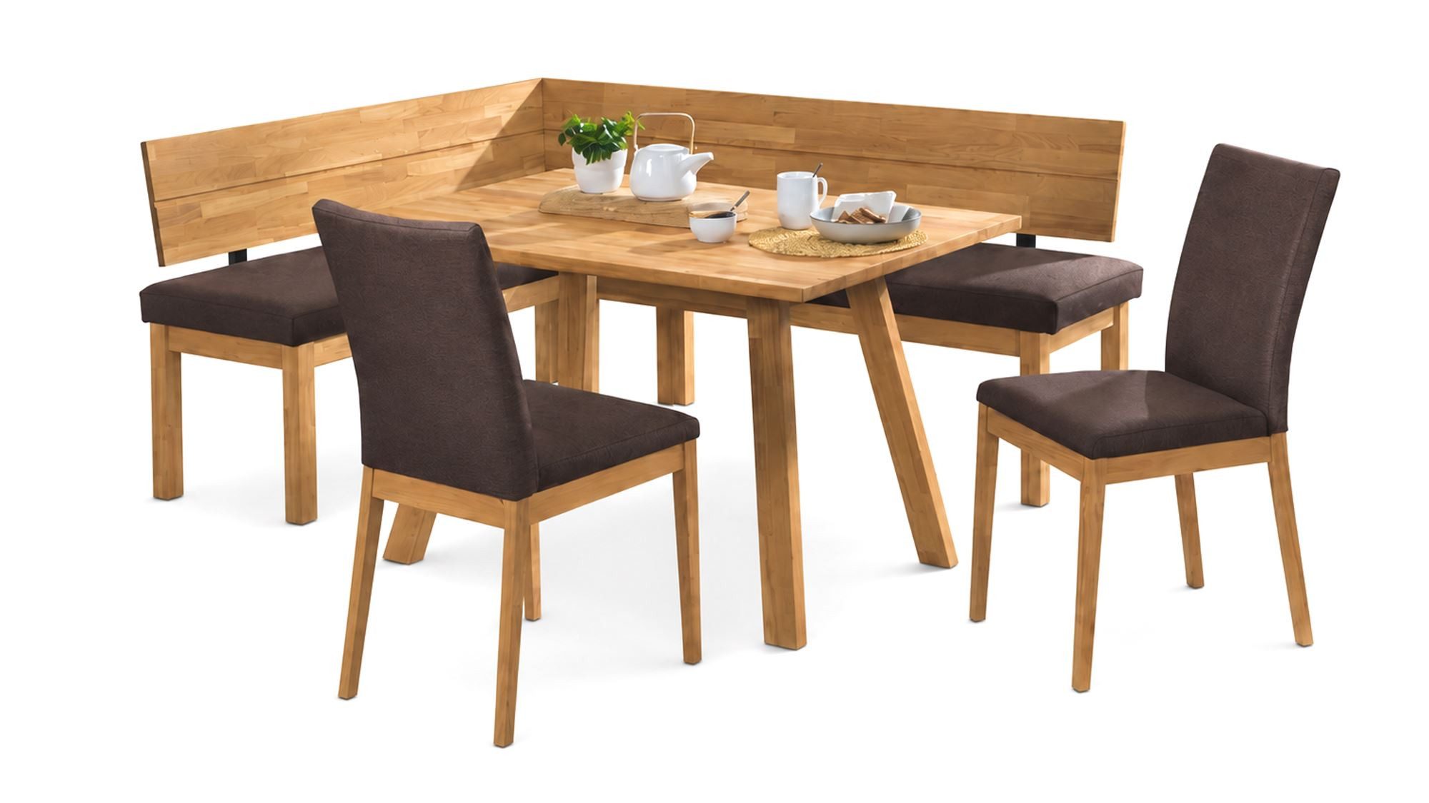 58 aufm Kessel Essgruppe Eckbankgruppe Modern Danny 3 für 7 Personen Massivholz Wildeiche/Braun, (inkl. Versand, Lieferung bis Verwendungsstelle), Sitzgruppe mit Eckbank, Esstisch und 2 Stühlen hochwertig + langlebig