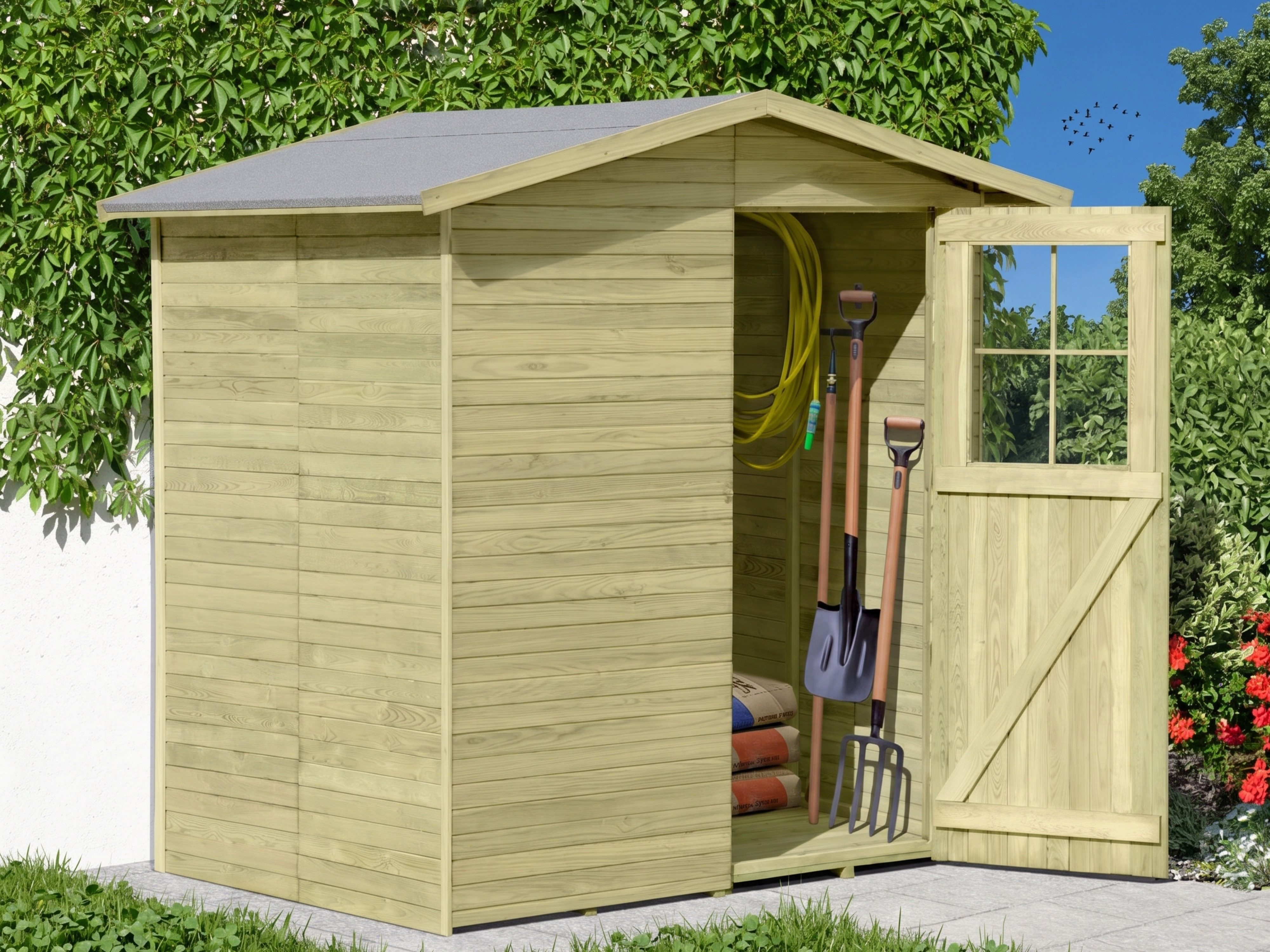 Woodtex Gartenhaus Gerätehaus Frankfurt Gr. 1 14 mm, kesseldruckimprägniert, BxT: 180x145 cm, 14 mm Wandstärke, Einzeltür mit Kunstglas-Einsätzen, Kesseldruckimp...