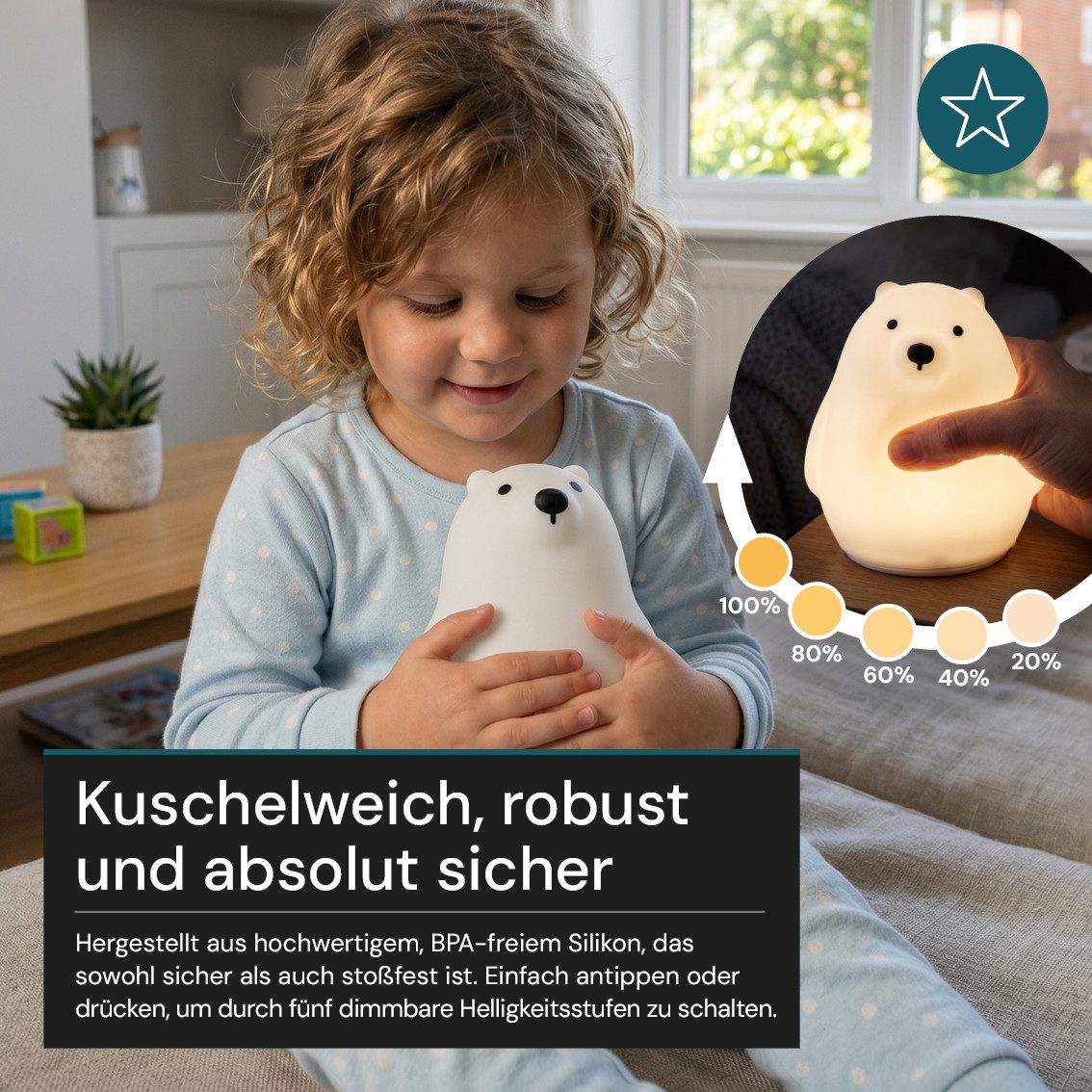 LUXULA LED Nachttischlampe LED-Nachtlicht, LED fest integriert, 1,7W Kinderlampe Weiß aus Silikon durch Drücken dimmbar mit Akku