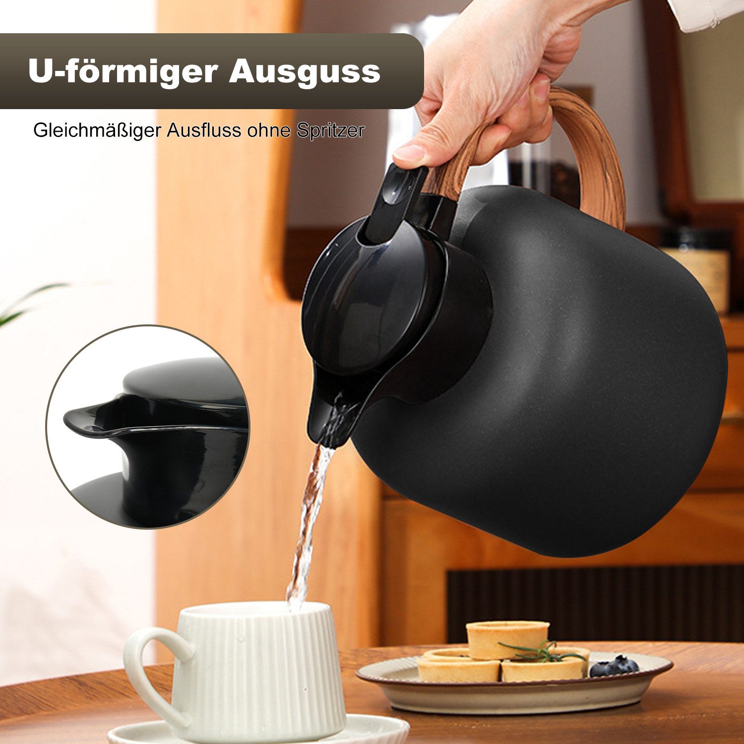 OSTWOLKE Isolierkanne 2L Thermoskanne Teekanne Edelstahl Doppelschicht 24h heiß & kalt, Quick Tip Verschluss, für Kaffee,Tee, Milch