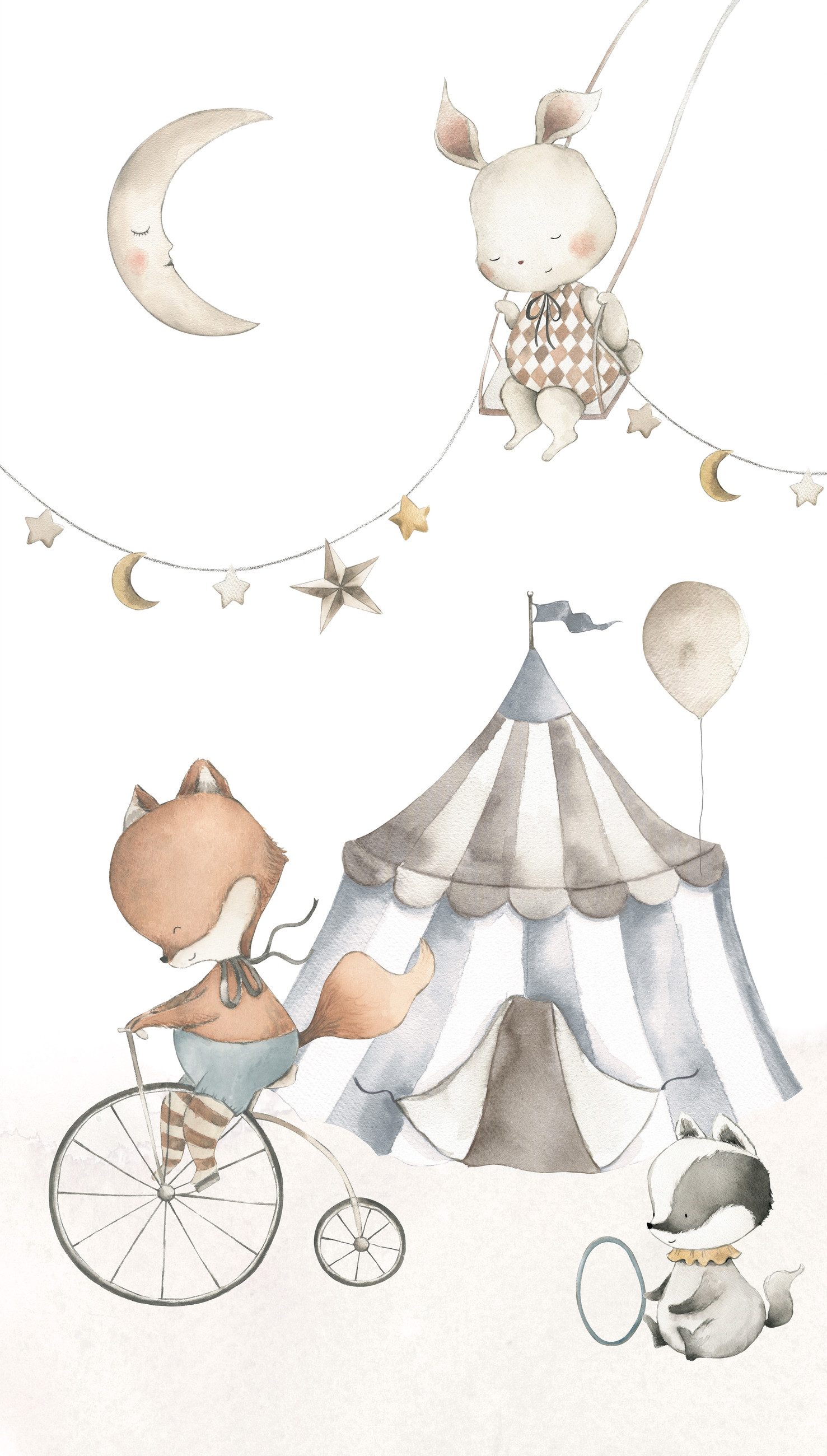 Rasch Fototapete Kinderzimmer mit bunter Zirkuswelt mit Tieren in Blau, Beige und Grau, strukturiert, gemustert, (1 St), Zirkus