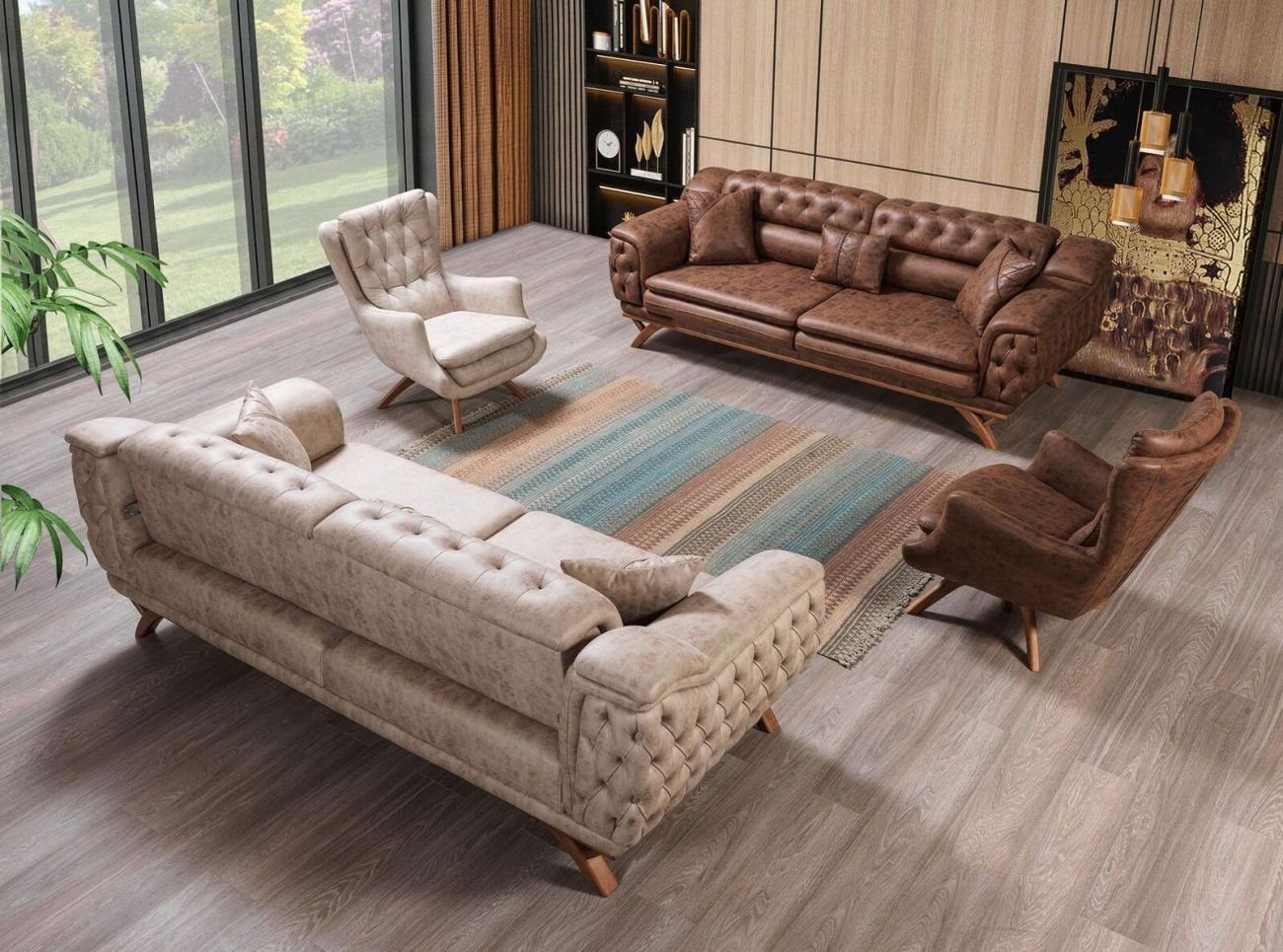 JVmoebel Wohnzimmer-Set Sofagarnitur 3+3+1 1Sitzer Couch Polster Chesterfield Garnituren, (4-St., 2x 3-Sitzer + 2x Sessel ohne Couchtisch), Made in Europa