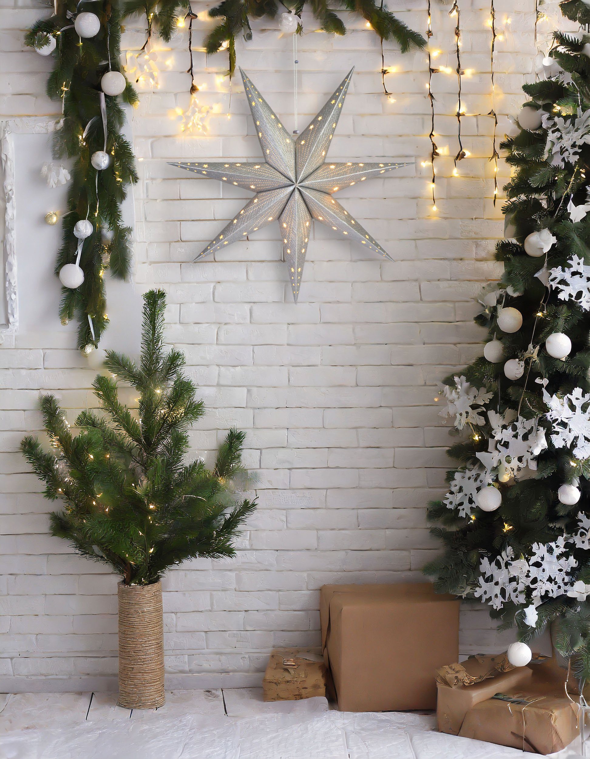 BRUBAKER LED Stern Weihnachtsstern zum Aufhängen - 60 cm Papierstern mit 7 Spitzen, Batteriebetrieben, Hängend und Beleuchtet, LED fest integriert, Warmweiß, 3D Adventsstern - Fenster Deko Leuchtstern
