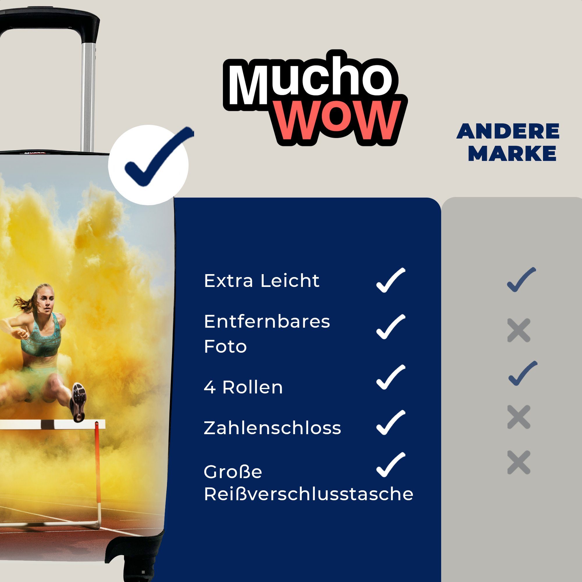 MuchoWow Handgepäckkoffer Sportler springt Reisekoffer Ferien, Rauch, für Rollen, mit durch gelben 4 rollen, Handgepäck Reisetasche Trolley