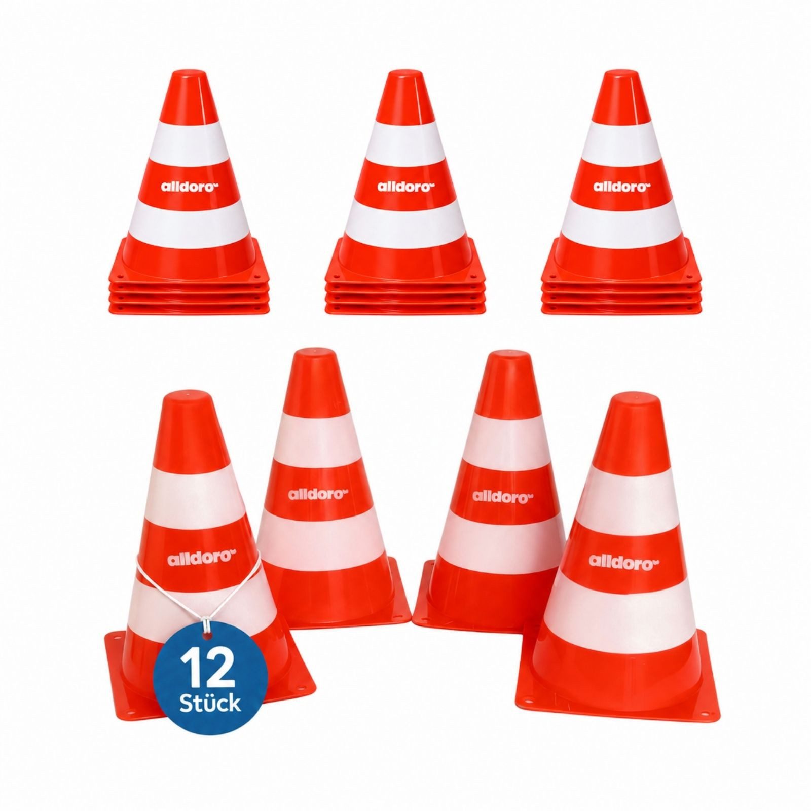 alldoro Pylonen 12er Set für Kinder, Kunststoff-Leitkegel orange-weiß, 18 cm hoch, Verkehrshütchen für Spiel, Sport, Freizeit & Verkehrserziehung