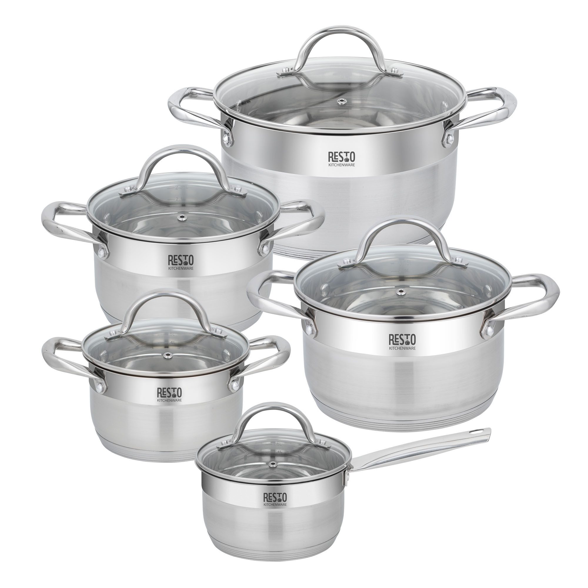 RESTO Kitchenware Topf-Set RIGEL, spülmaschinengeeignet, Edelstahl 18/10 (Set, 10-tlg., 1x Soßentopf Ø 16 cm m. Deckel, 4x Kochtopf Ø 16/18/20/24 cm m. Deckel), für alle Herdarten geeignet, auch Induktion