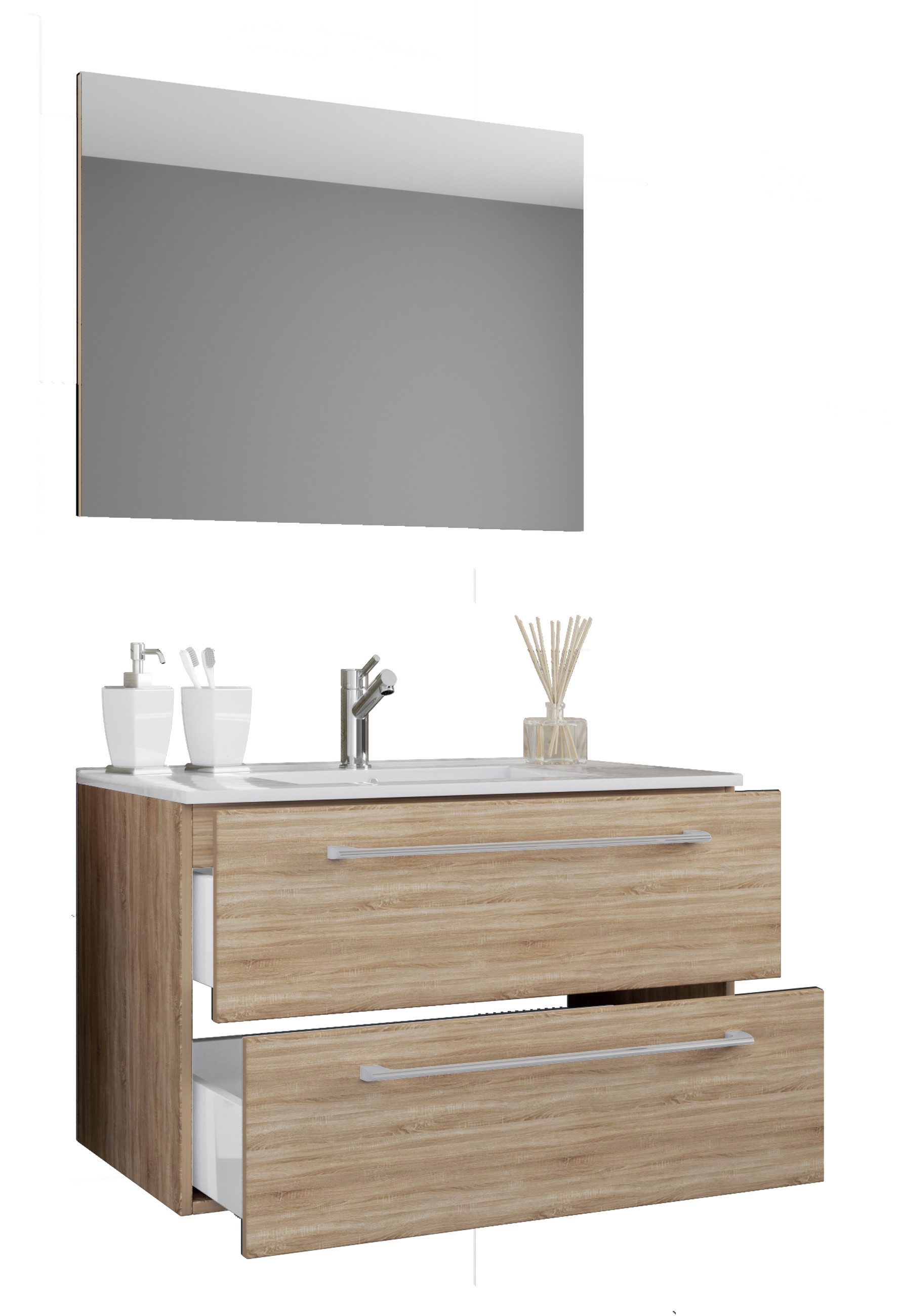 VCM Waschtisch 3 teilig Badmöbel-Set Waschplatz Badinos (Set, 3-St., 1x Unterschrank 1x Waschbecken 1x Spiegel)