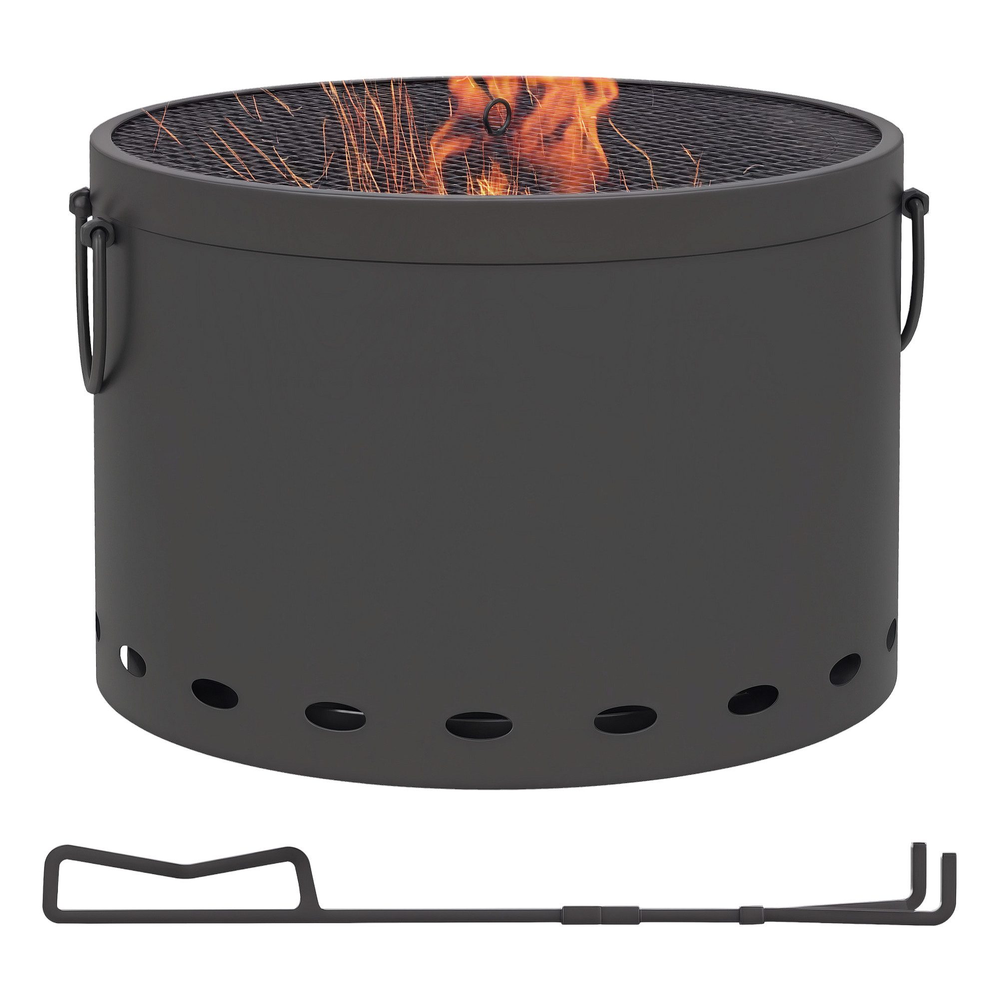 Outsunny Feuerschale mit Griff, Schürhaken und Funkenschutz, (Rauchfreie Holzfeuerschale, 1-St., Feuerkorb), für Garten, Picknick, Metall Dunkelgrau