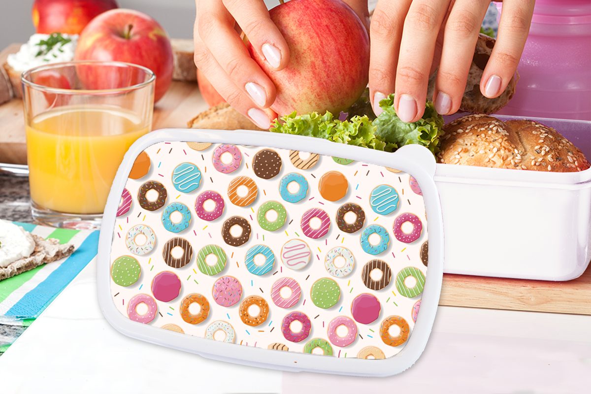 Brotdose, und Pastell, Muster Jungs Kunststoff, Kinder - Erwachsene, und Brotbox (2-tlg), Mädchen MuchoWow für Donut für Lunchbox weiß -