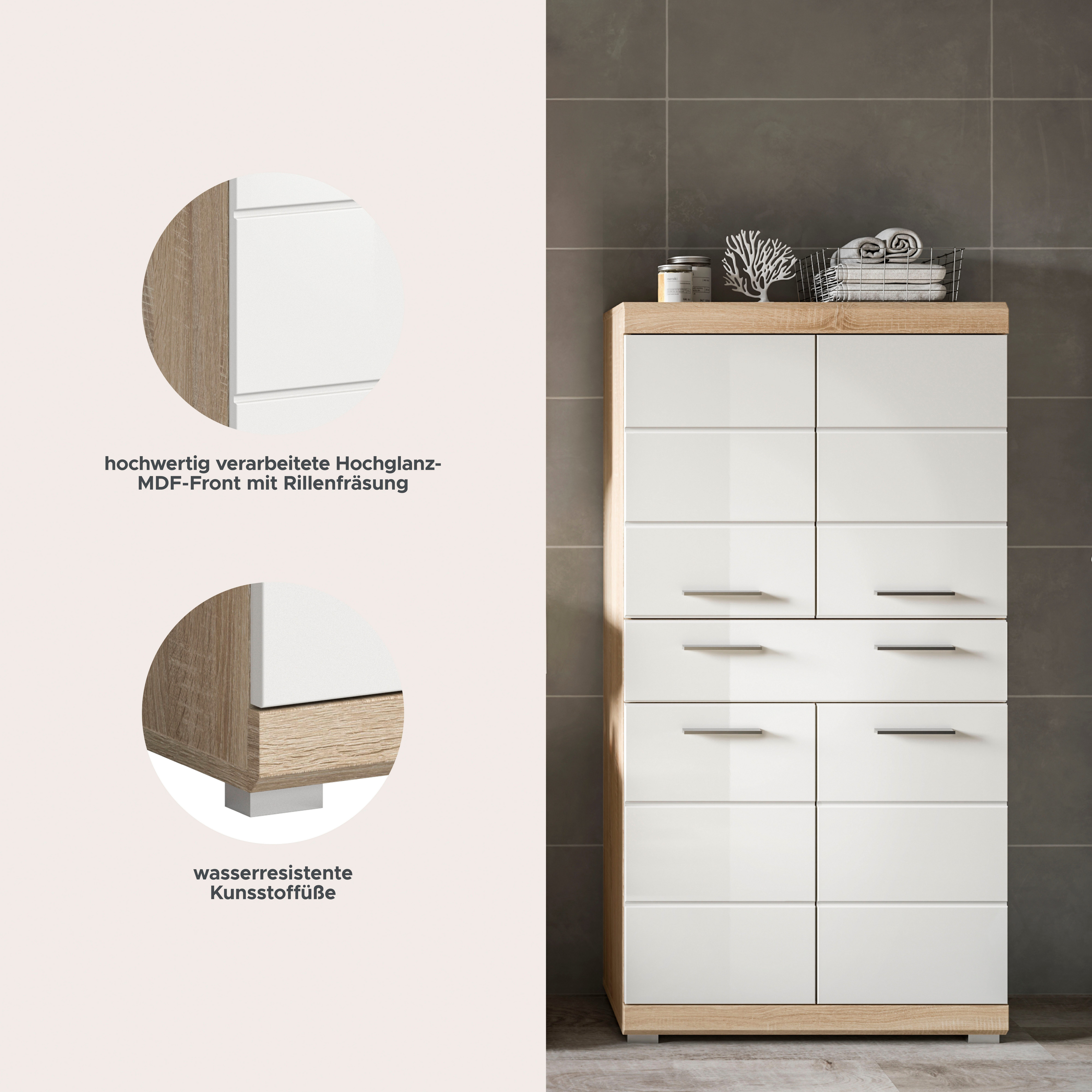 welltime Midischrank SIENA, Breite 74cm, 4 Türen, 1 Schubkasten, 4 Fächer, MDF-Front (TOPSELLER) in verschiedenen Farben erhältlich, Badmöbel, Badschrank, Schrank, Bad