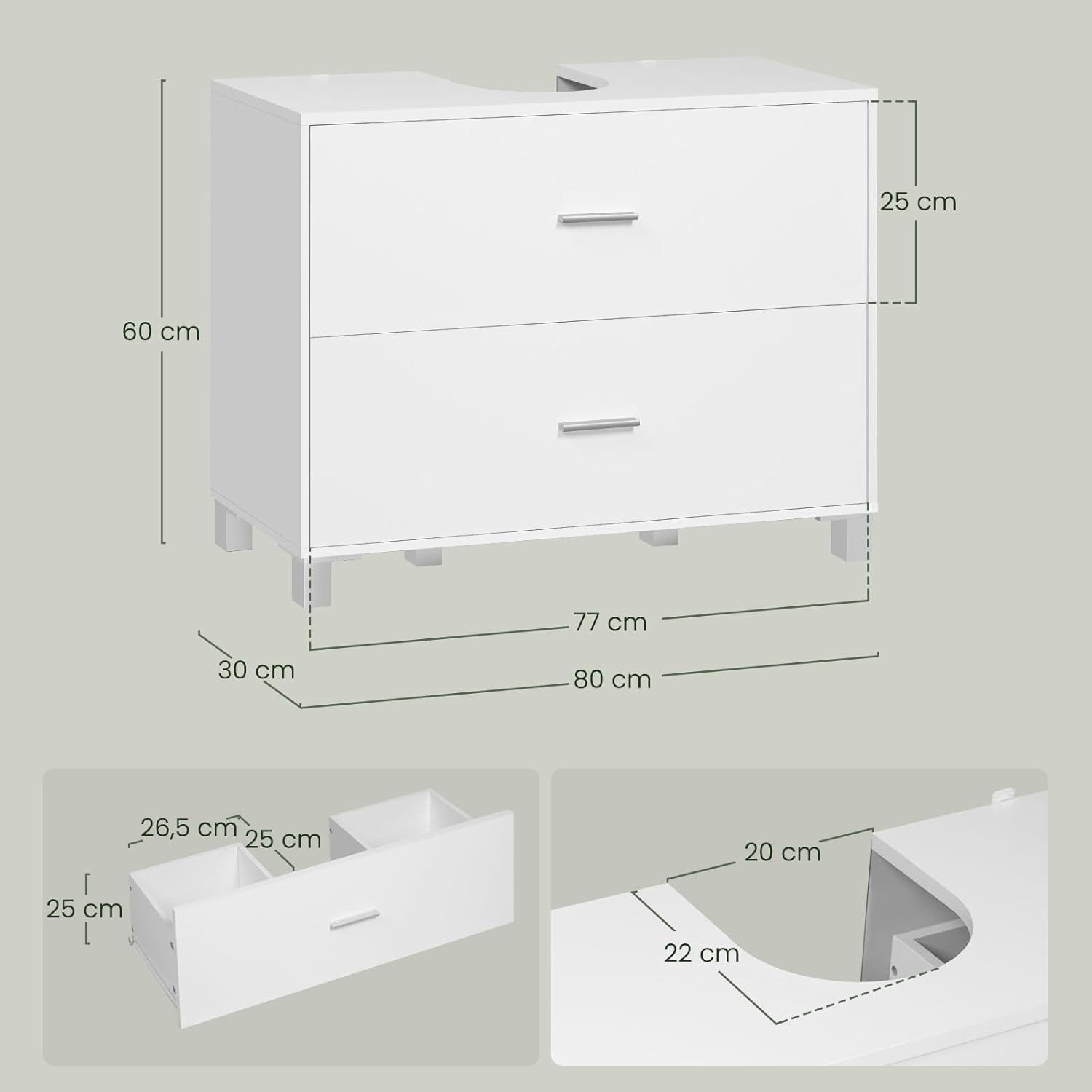 EUGAD Waschbeckenunterschrank (1-St) mit 2 Schubladen, 80 x 60 x 30 cm, mit Siphonausschnitt