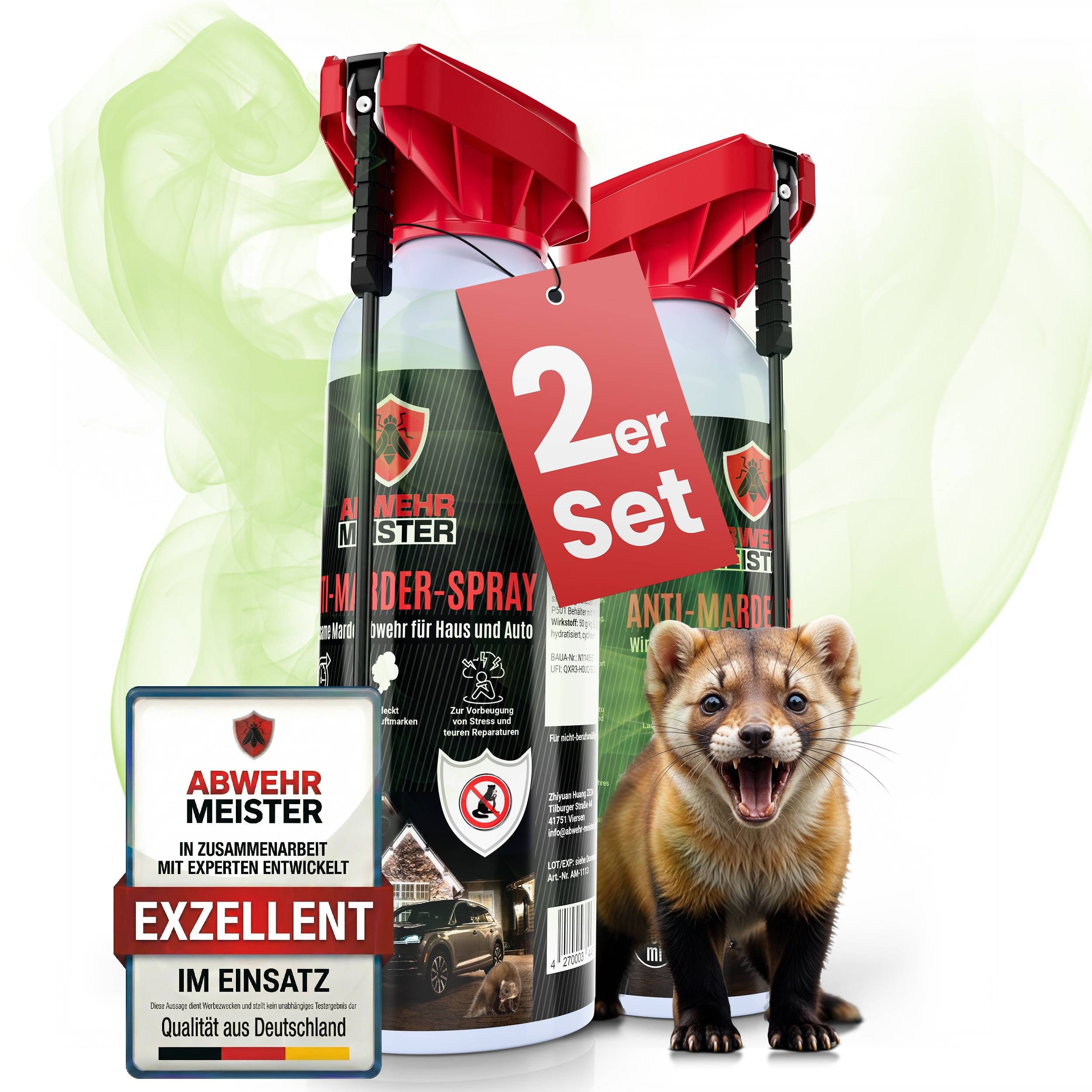 ABWEHR MEISTER Marderspray [400 ml] zur Abwehr von Mardern für Haus, Garage & Auto, 2-St., Präzise Anwendung, dank integrierter Sprühlanze