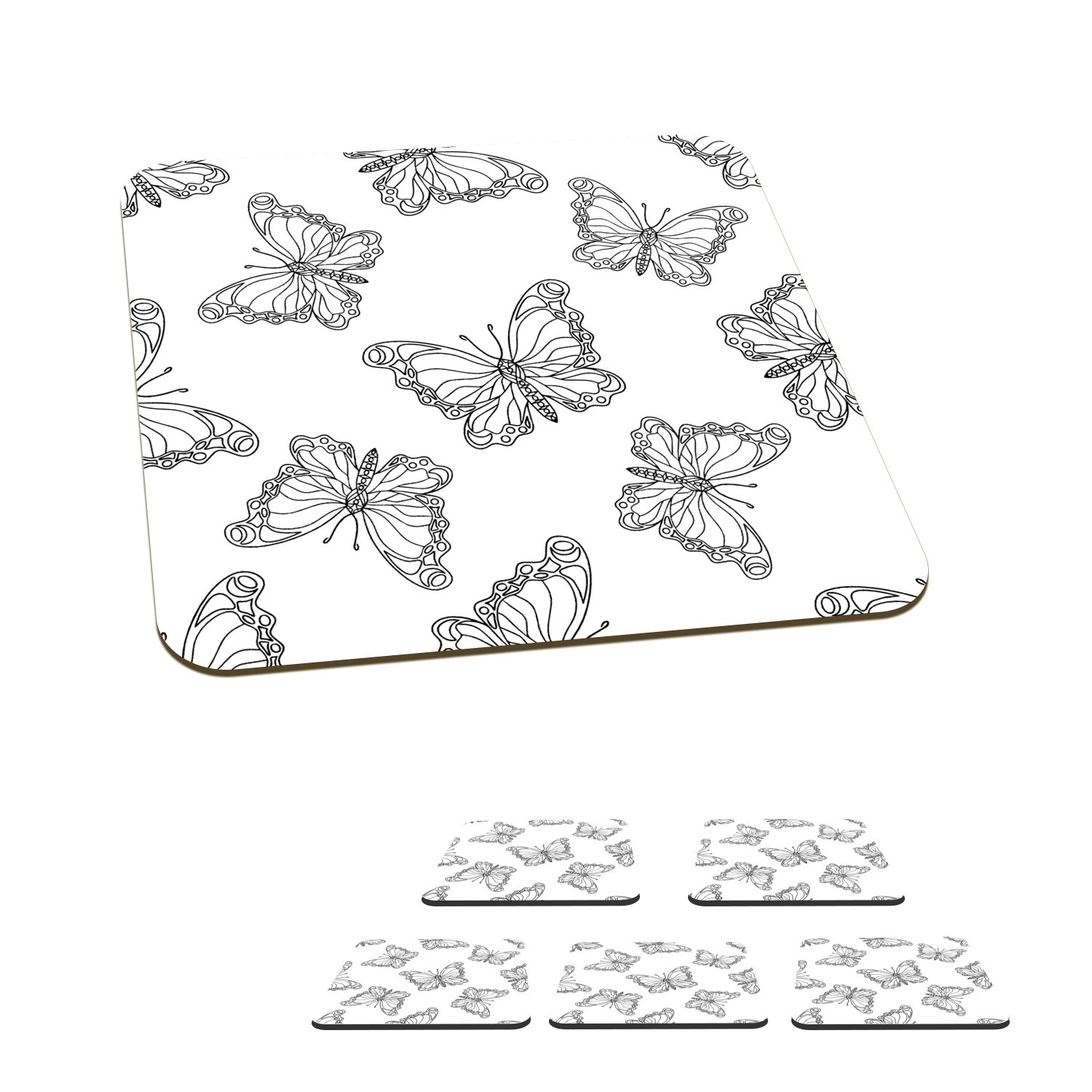 MuchoWow Glasuntersetzer Schmetterlinge - Muster - Schwarz und Weiß, Zubehör für Gläser, 6-tlg., Glasuntersetzer, Tischuntersetzer, Korkuntersetzer, Untersetzer, Tasse