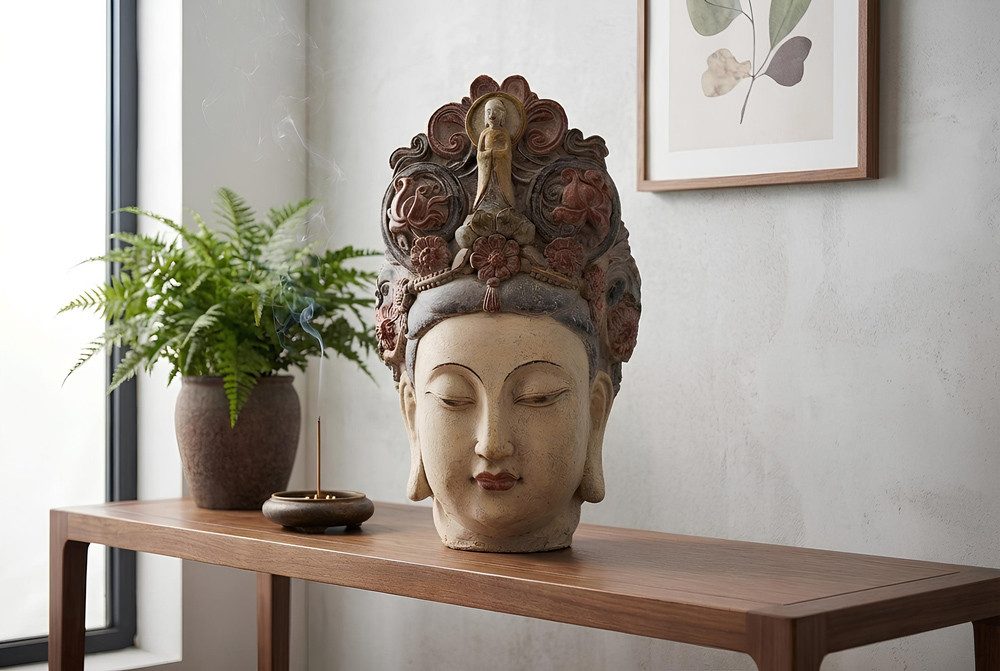 riess-ambiente Buddhafigur BUDDHA HEAD 45cm mehrfarbig - Statue, Blumen, Gesicht, handgefertigt (Einzelartikel, 1 St), Asiatische Skulptur- ideal f. Wohnzimmer, Flur od. Meditationsbereiche