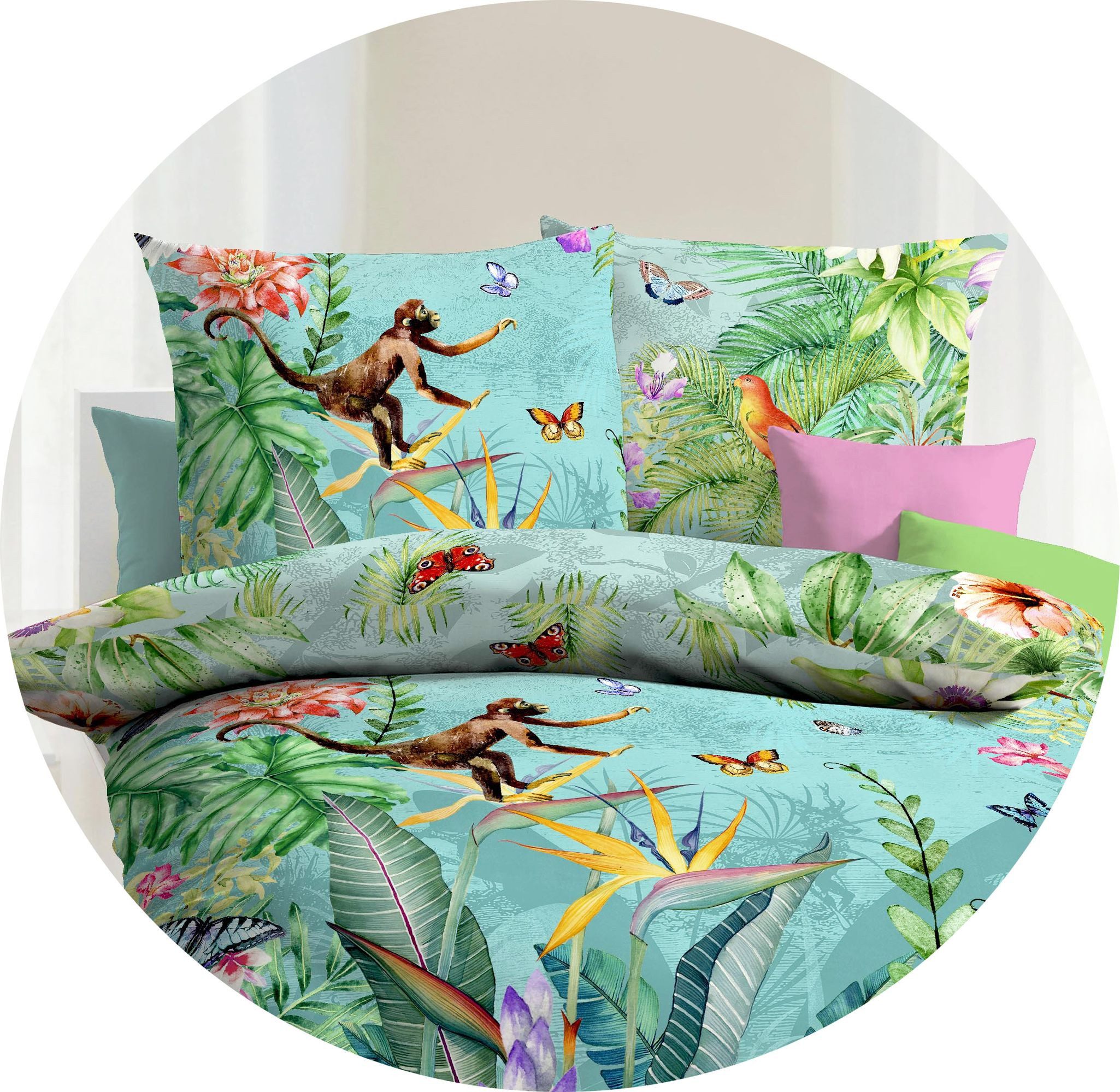 JACK Bettwäsche JACK by Kaeppel Mako Satin 4tlg. Digitaldruck Bettwäsche Äffchen Bunt, Satin, 4 teilig, Partnerbettwäsche, freundliches Urwaldmotiv