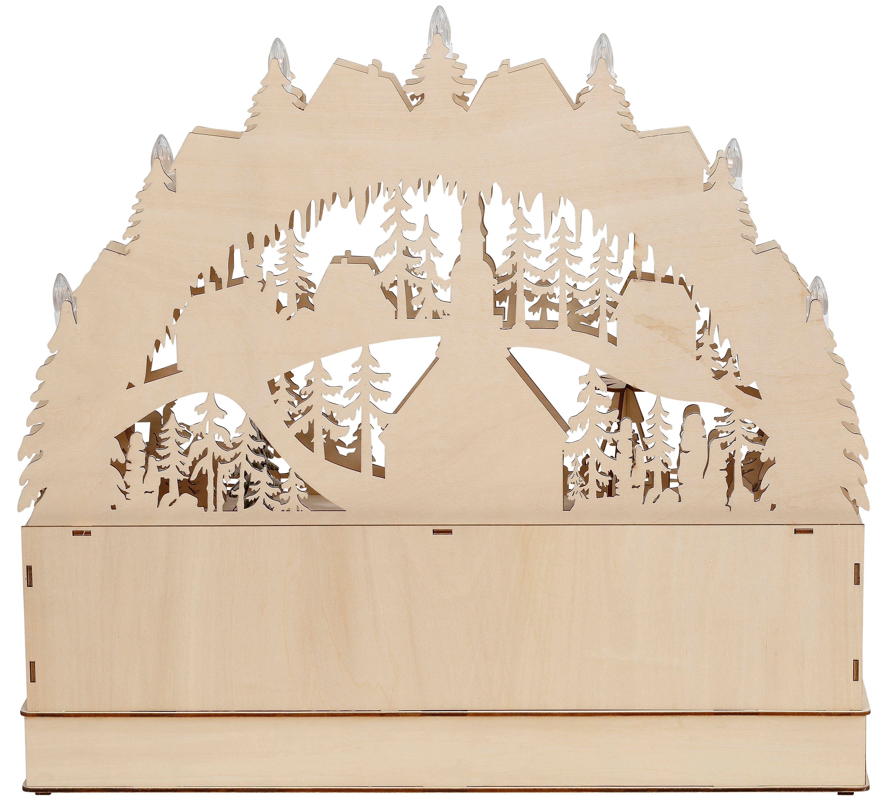 Home affaire LED Schwibbogen Deniz, mit Musikwerk (1-tlg), aus Holz mit LED Beleuchtung und bewegender Pyramide, Dorf im Gebirge