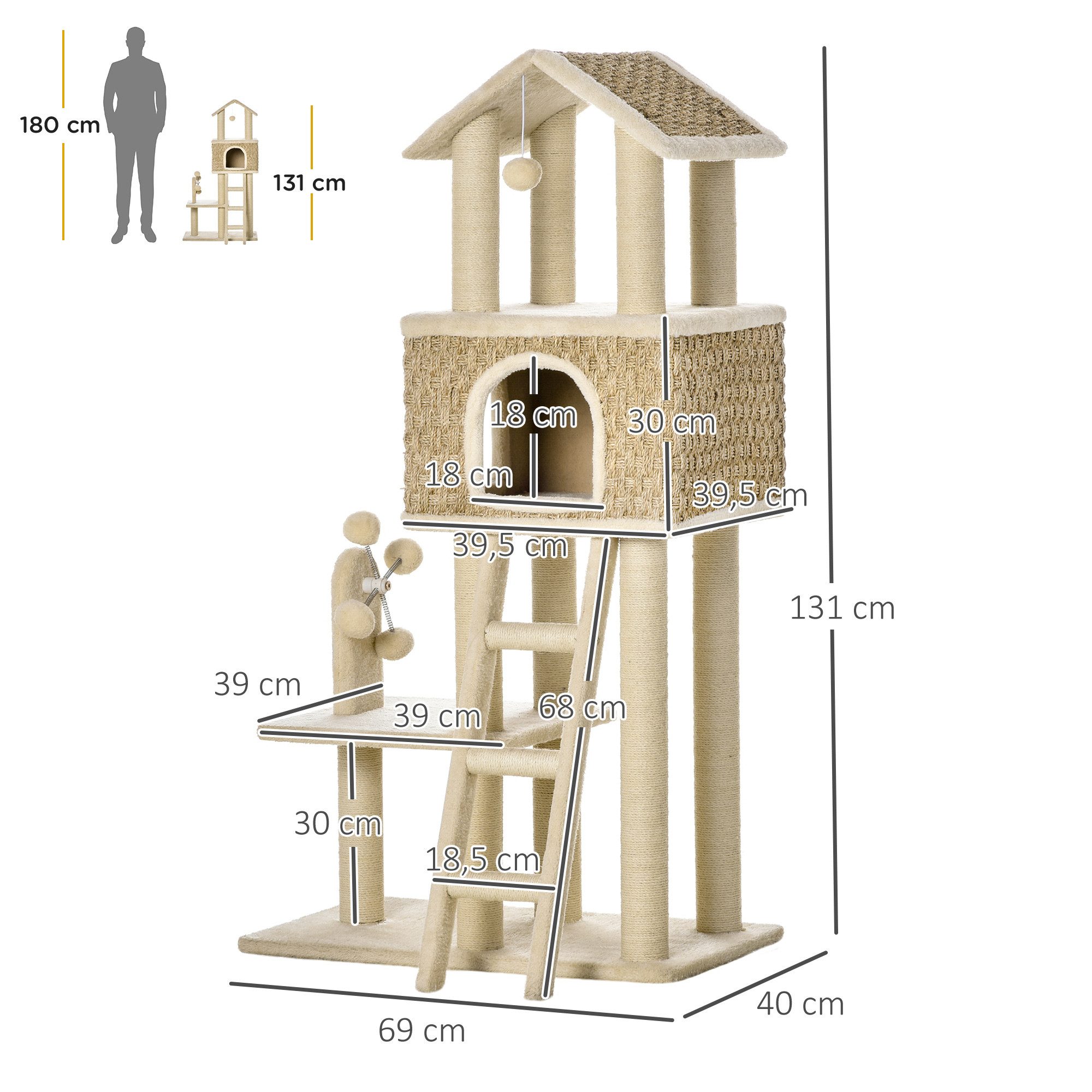 PawHut Kratzbaum Katzenbaum Kletterbaum mit Katzenhöhle Spielbälle, Spanplatte Plüsch Khaki+Beige – Bild 3 von 5