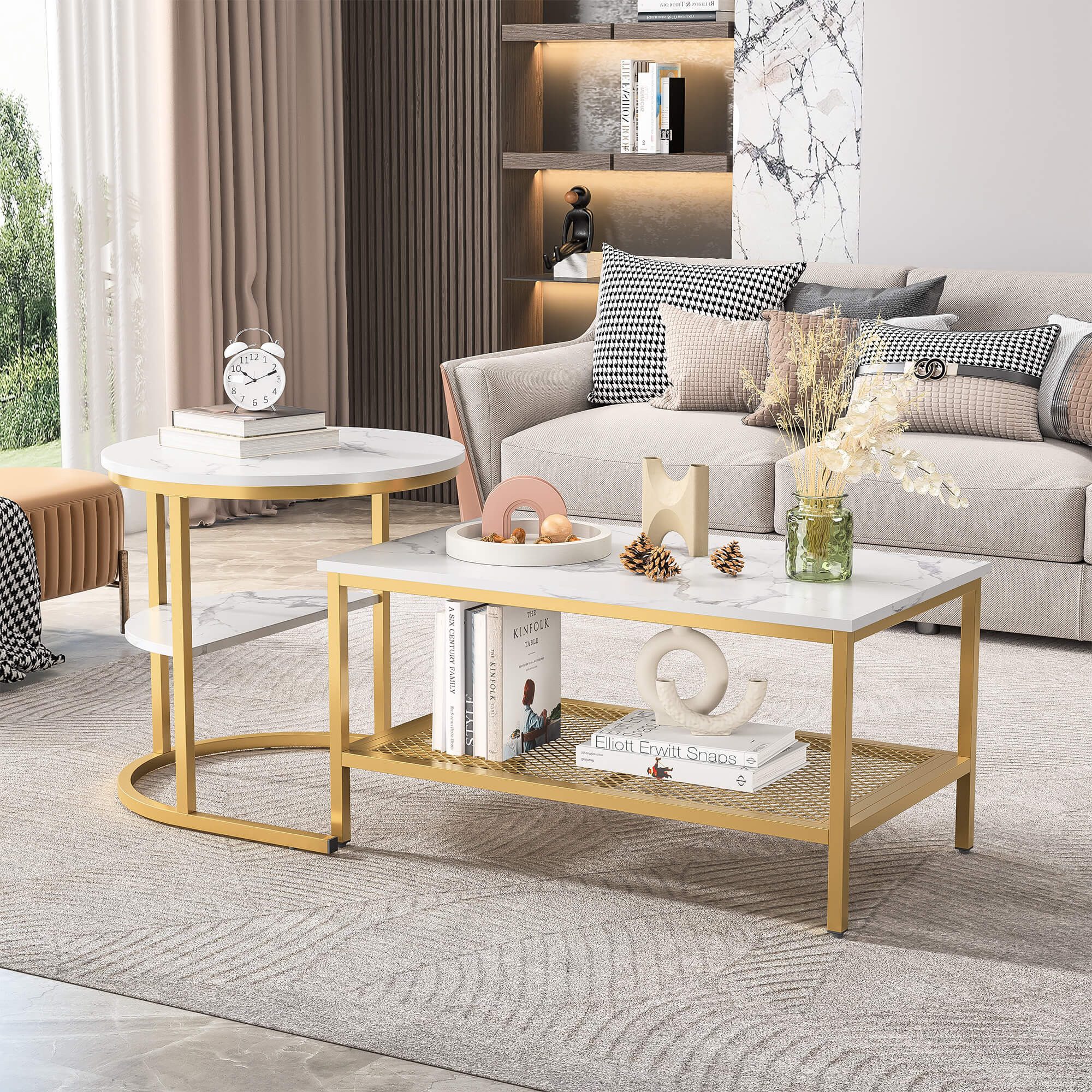 Furnishings Home Couchtisch 2er-Set Runde + Rechteck Beistelltische aus Holz & Metall (2-St., 2-St, 80x46x41 cm + 52x51 cm), Moderne Kaffeetische für Wohnzimmer – Bild 3 von 5