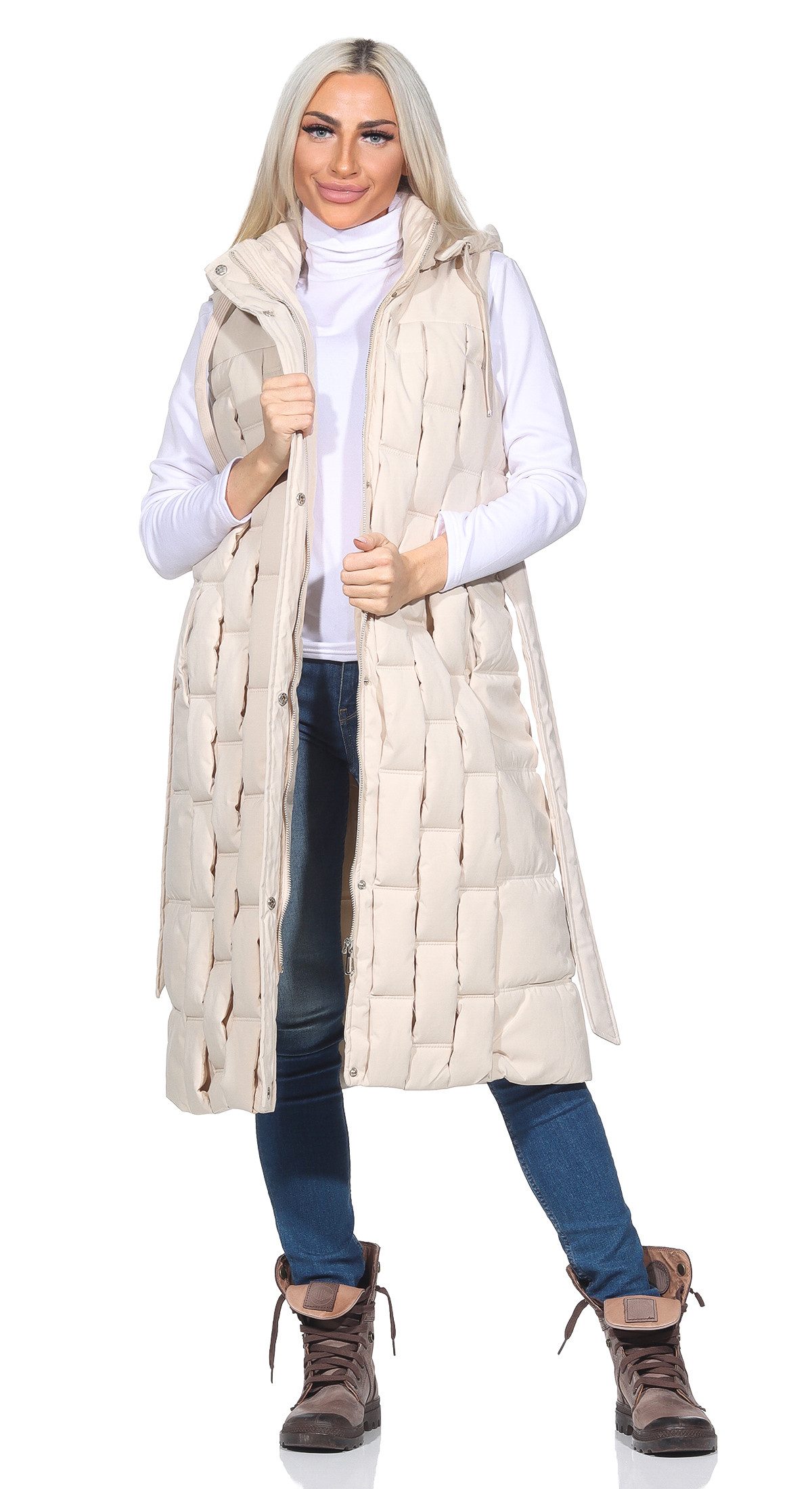 OriginalYou Longweste Damen Steppweste mit Schlaufen-Steppung abnehmbare Kapuze, mit Bindegürtel