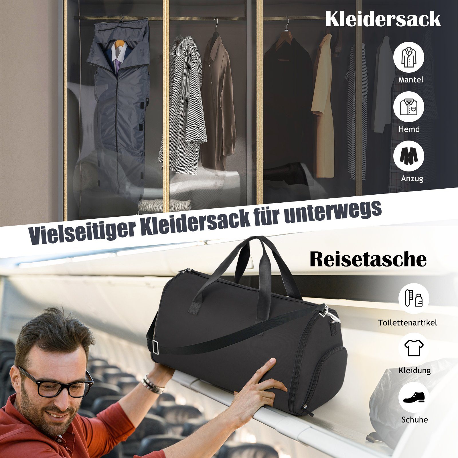 Schultergurt & Schuhfach Kleidersack, mit 50L, COSTWAY Schwarz Reisetasche, 2in1