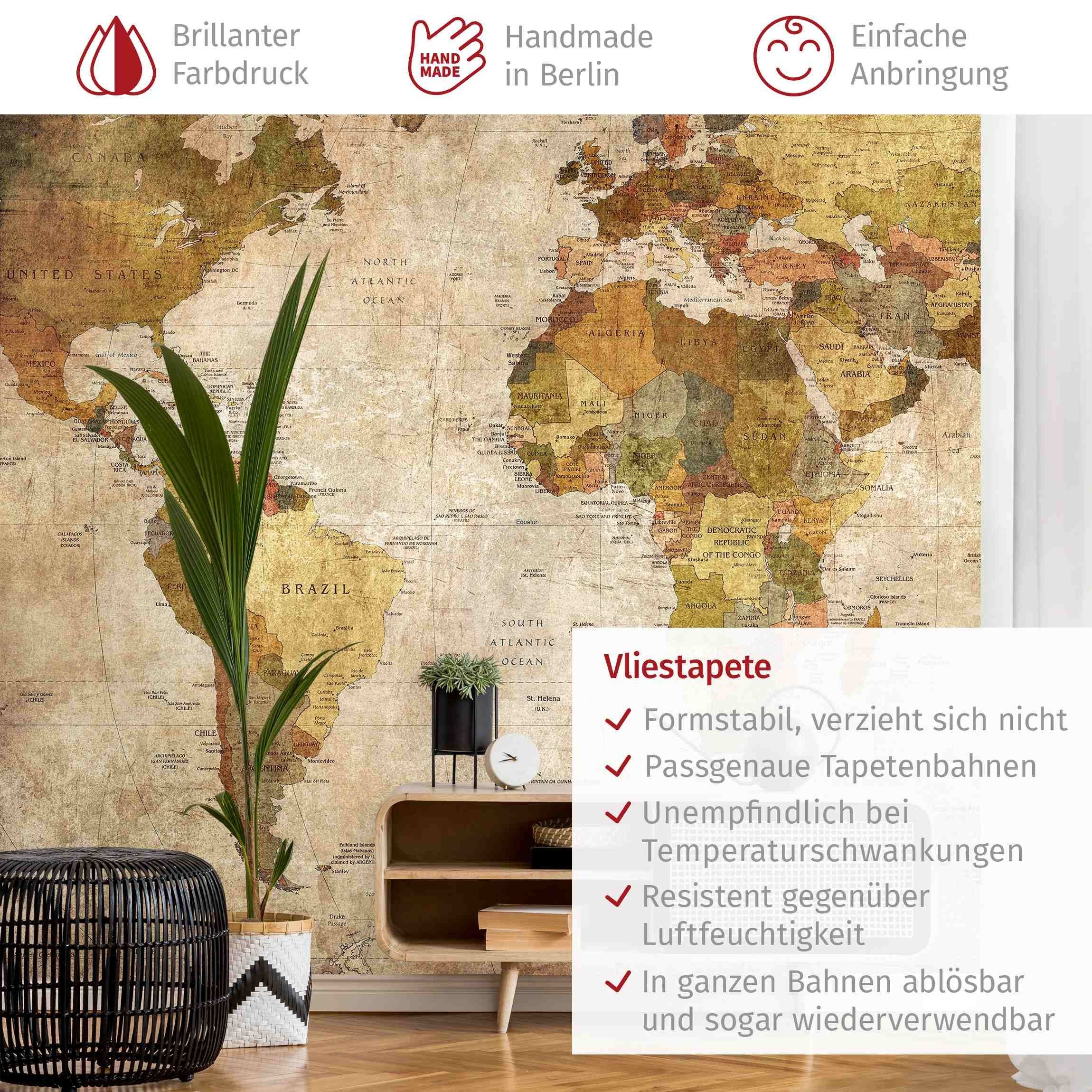 Bilderdepot24 Fototapete Weltkarte Vintage Rustikal Beige Braun Wanddeko Landhausstil, Glatt, Matt, (Vliestapete inkl. Kleister oder selbstklebend), Wohnzimmer Schlafzimmer Küche Flur Motivtapete Vliestapete Wandtapete