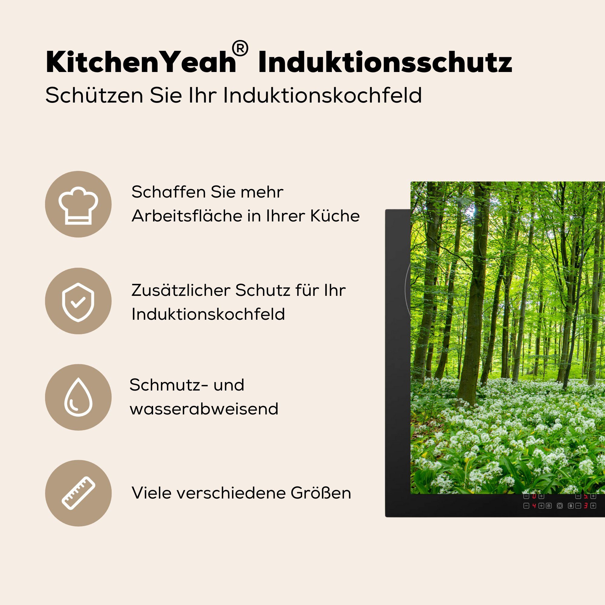 MuchoWow Herdblende-/Abdeckplatte Vinyl, für cm, küche, Induktionskochfeld - Wald Bäume tlg), Grün, (1 Schutz 81x52 Ceranfeldabdeckung - die