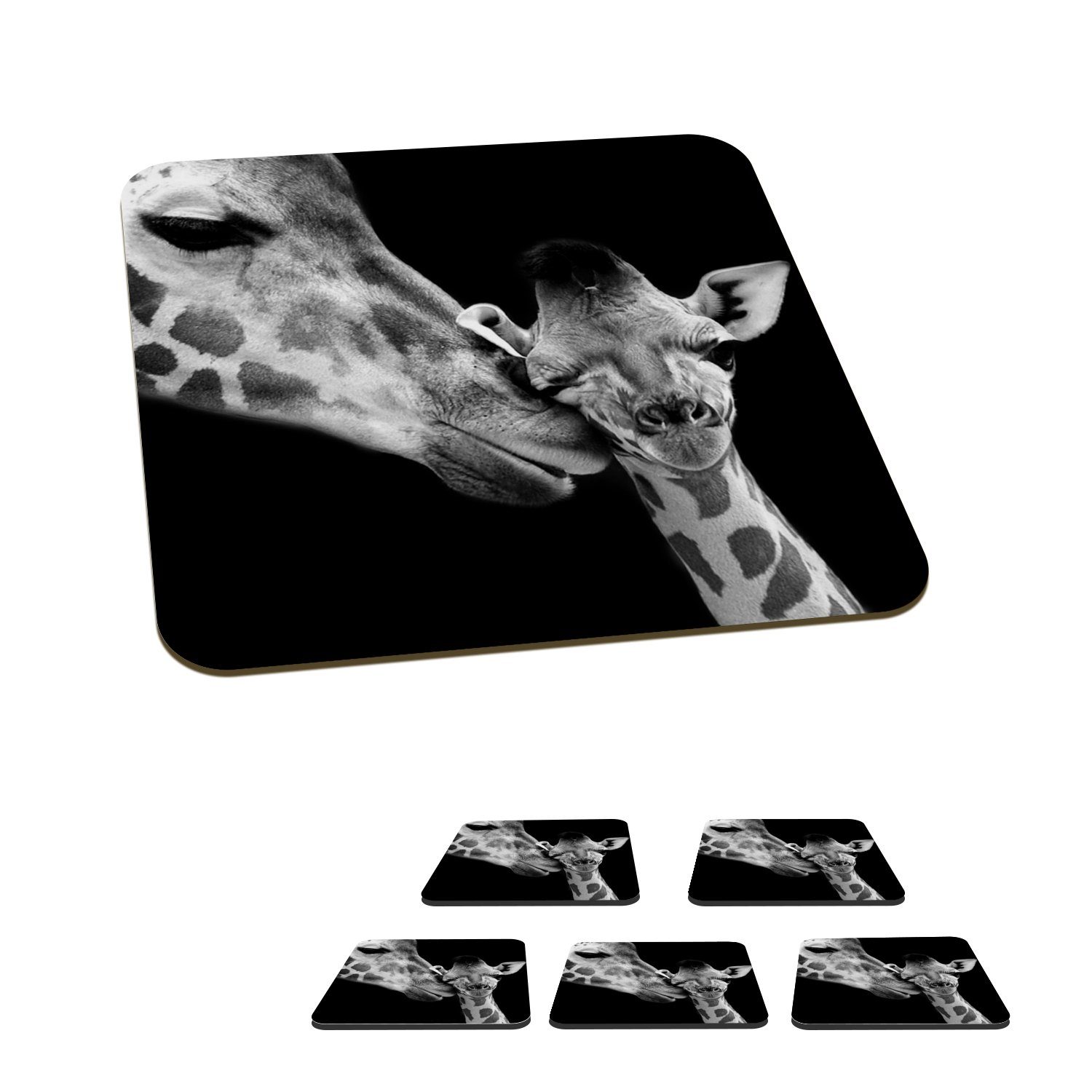 MuchoWow Glasuntersetzer Tiere - Schwarz - Weiß - Giraffe - Porträt, Zubehör für Gläser, 6-tlg., Glasuntersetzer, Tischuntersetzer, Korkuntersetzer, Untersetzer, Tasse