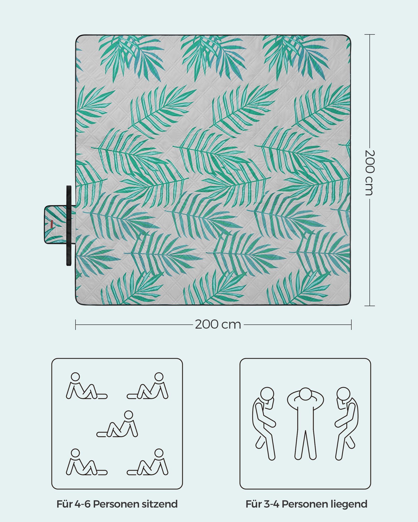 Picknickdecke 200 x 200 cm, groß, Campingdecke, für Park, Garten, Strand, SONGMICS, wasserdicht, maschinenwaschbar, faltbar, grau mit tropischem Farn