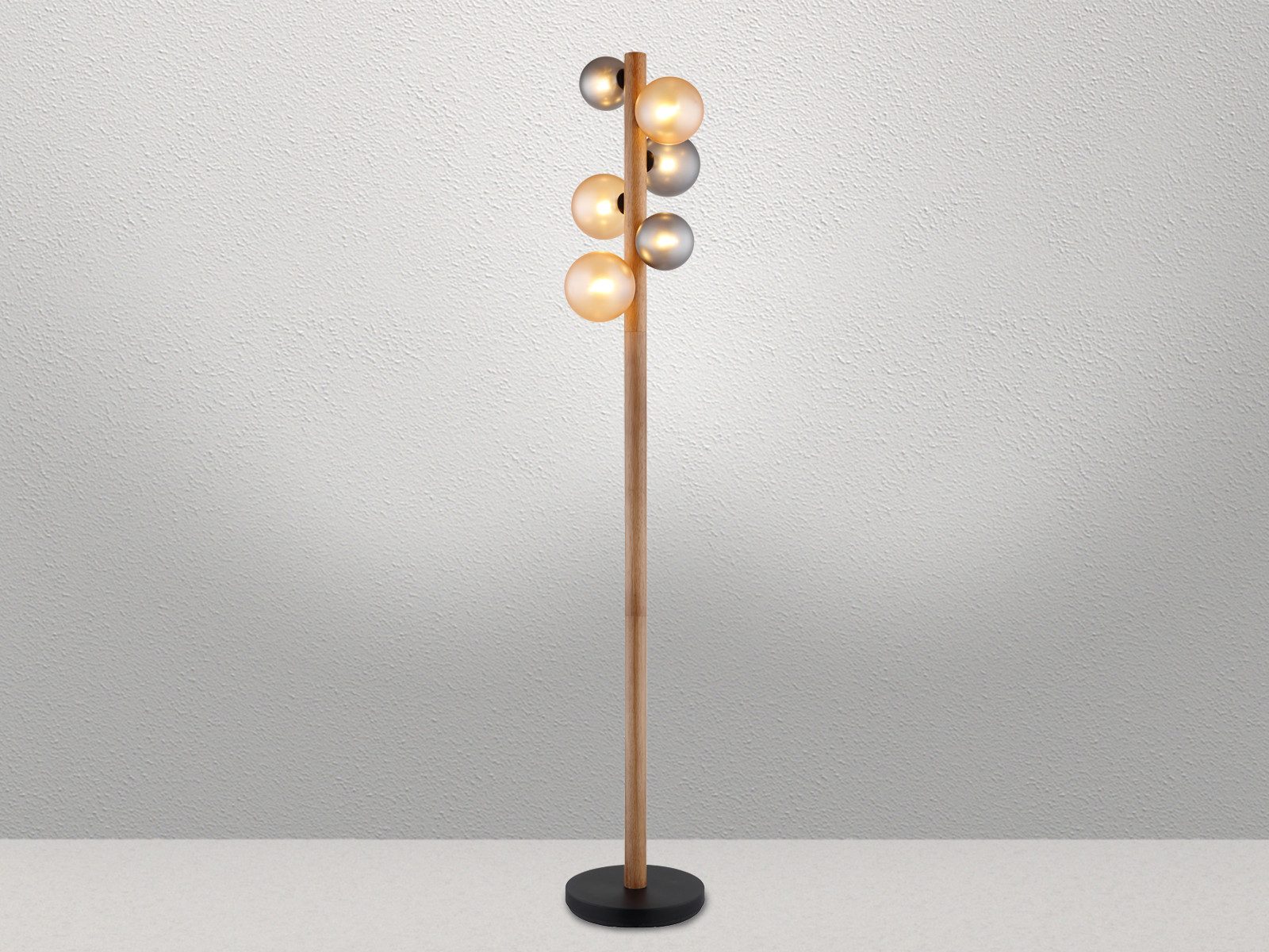 GLOBO LIGHTING LED Stehlampe aus Holz mit Glas-kugel, Höhe 150cm, Dimmfunktion, LED wechselbar, warmweiß, Stehleuchte mehrflammig ausgefallene moderne Kugellampe-n stehend
