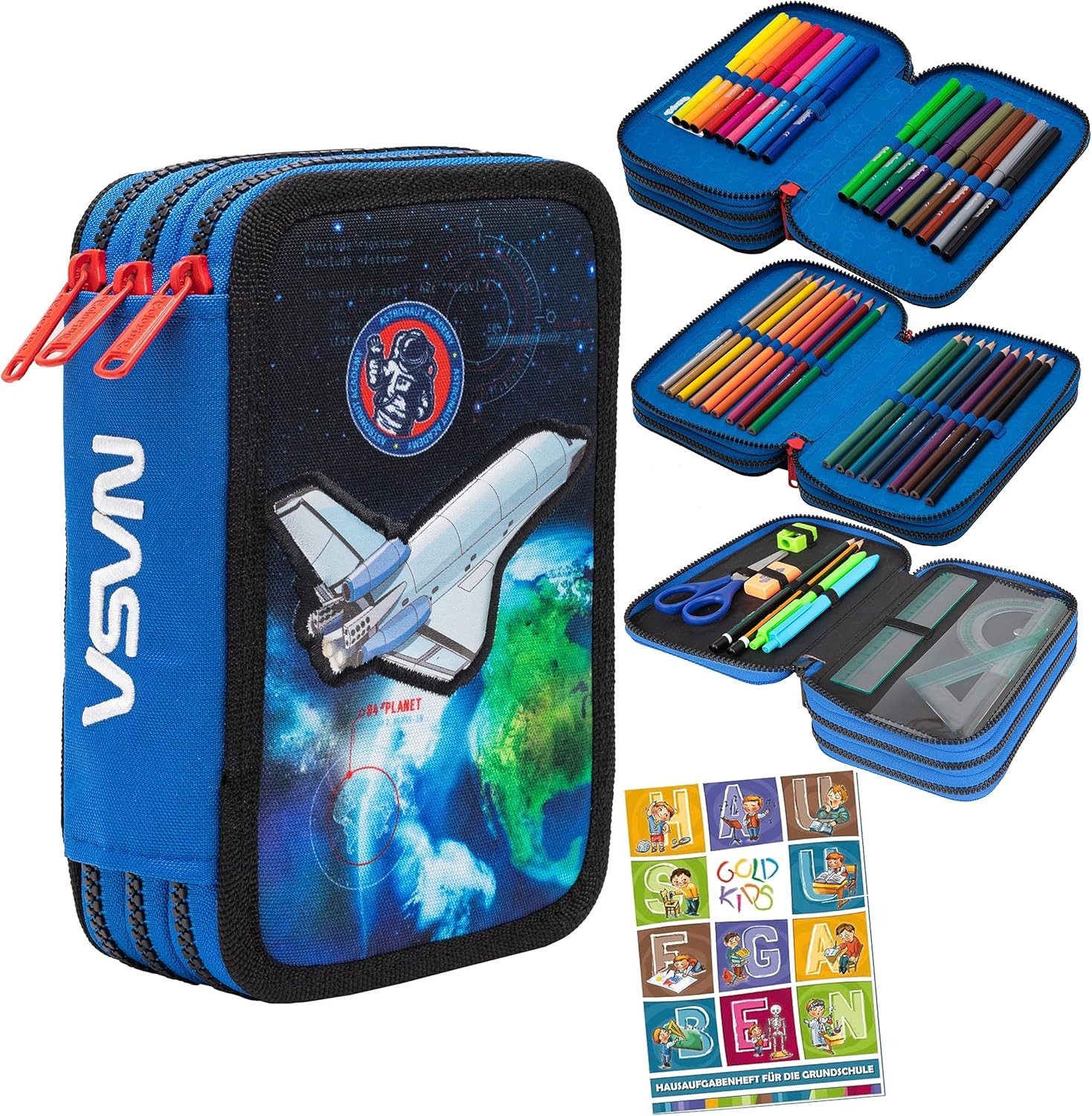 GOLDKIDS Federmäppchen 3-fache Federmappe Colorino NASA Federmäppchen 46-teilig, (gefüllte Schüleretui Stifte und, 1-tlg., Pinsel inkl. Aufgabenheft Federbox Etui), Stiftetasche Schlamper-Etui Schul-Etui