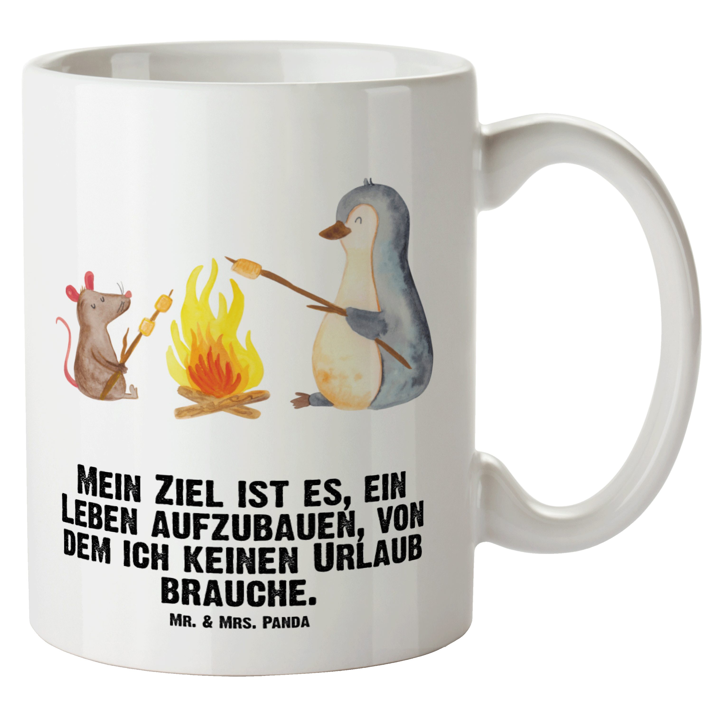Mr. & Mrs. Panda Tasse Pinguin Lagerfeuer - Weiß - Geschenk, Grosse Kaffeetasse, XL Becher, XL Tasse Keramik