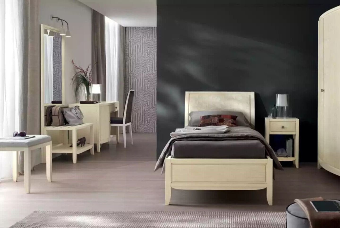 Made JVmoebel Schreibtisch in + Schreibtisch Nur Schlafzimmer Komplett Beige Neu, + Bett Set Standspiegel), (4-St., Nachttisch Bett Luxus Italy + Schlafzimmer-Set Nachttisch