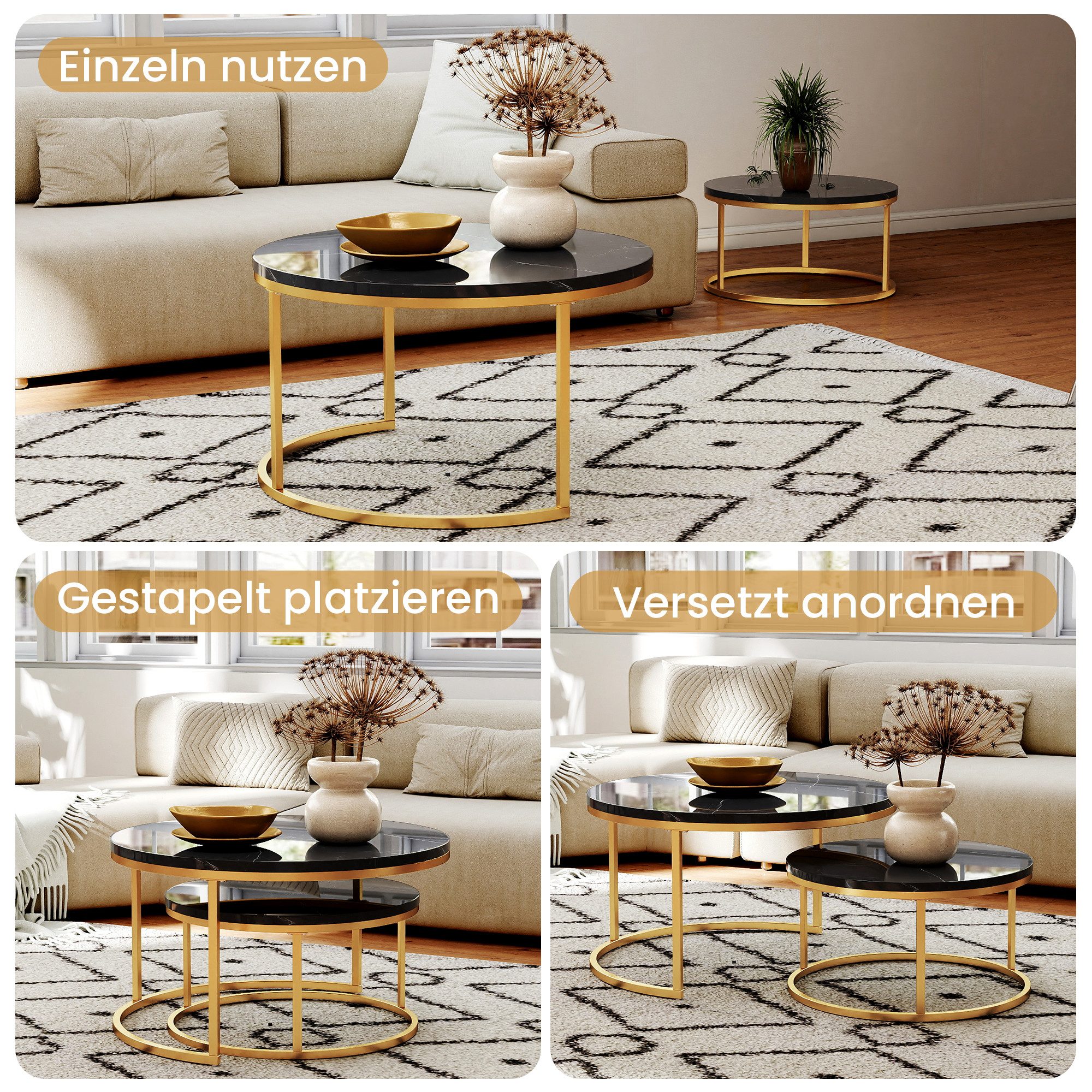 REDOM Couchtisch und 2er Set, Beistelltisch für Schlafzimmer Balkon (Runder Couchtisch, stabil und langlebig für stilvolles Wohnen, 2-St., 80x80x45 cm und 60x60x33.5 cm)