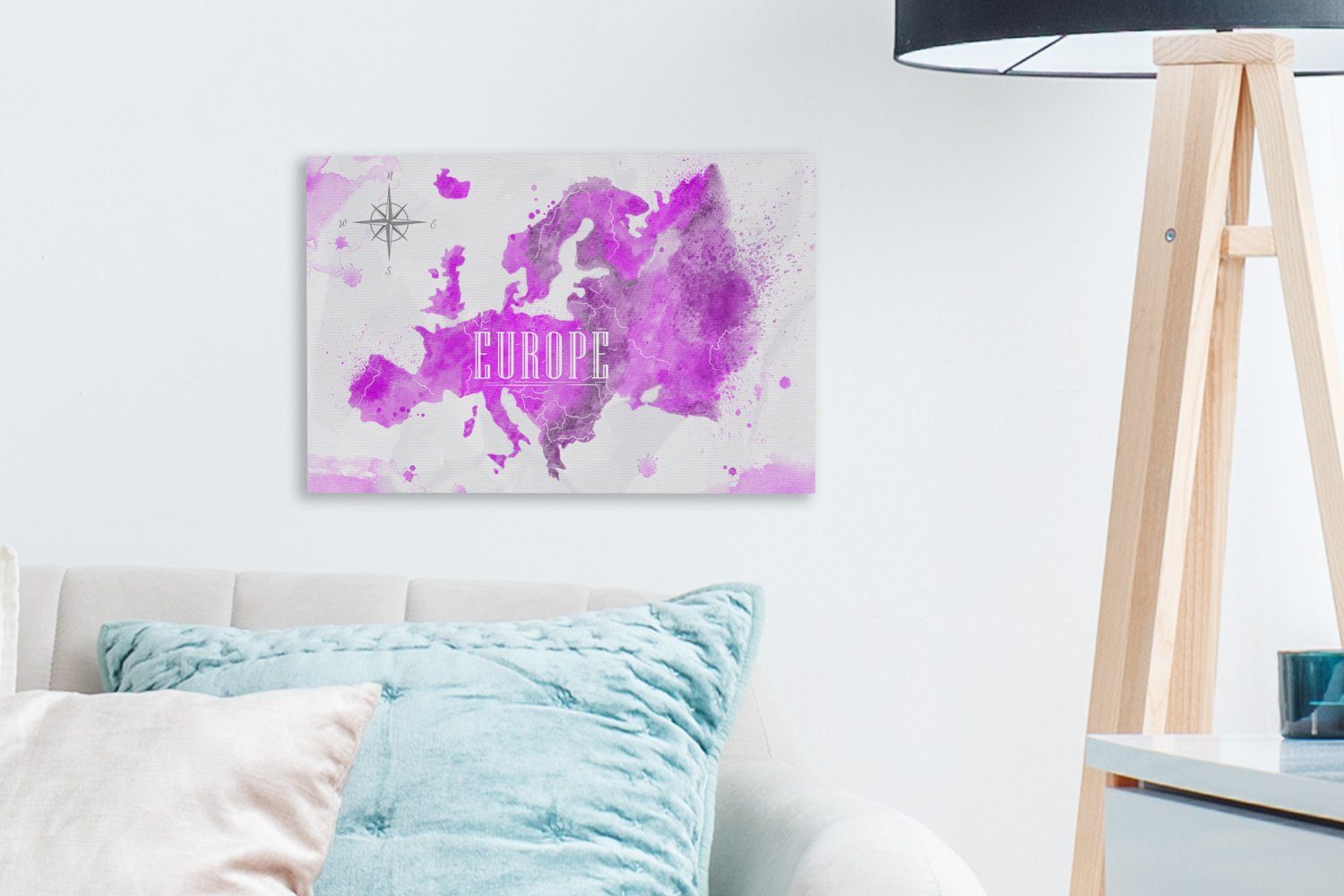 OneMillionCanvasses® Leinwandbild cm Wanddeko, (1 Weltkarte Wandbild 30x20 - Europa - Farben, Aufhängefertig, St), Leinwandbilder