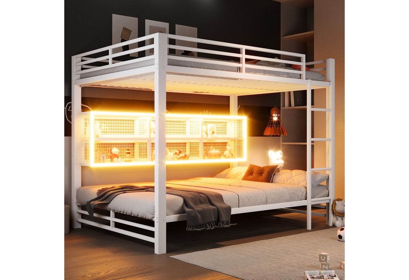 Merax Etagenbett 140x200cm mit LED-Beleuchtung (204 x 146 x 160 cm, 1-St., Jugendbett Stockbett Doppelbett), Metallbett Kinderbett mit 6 Stauraumschränken, Leiter, Zaun & Stauraum