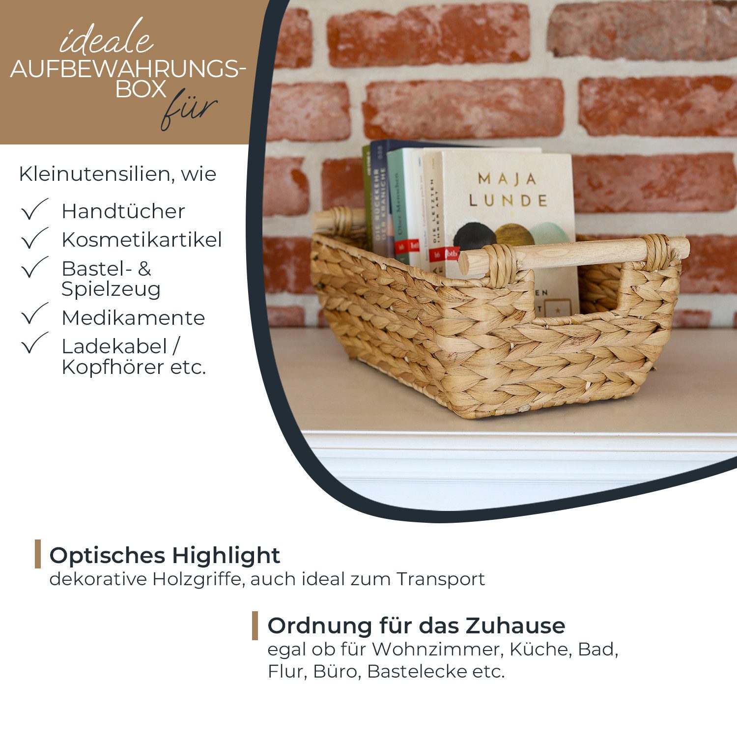 HMF Aufbewahrungskorb Aufbewahrungskorb geflochten aus Wasserhyazinthe, Korb mit Holzgriffen (1 St), Aufbewahrung für Badezimmer, Wohnzimmer, Küche 32 x 22 x 12 cm, Natur