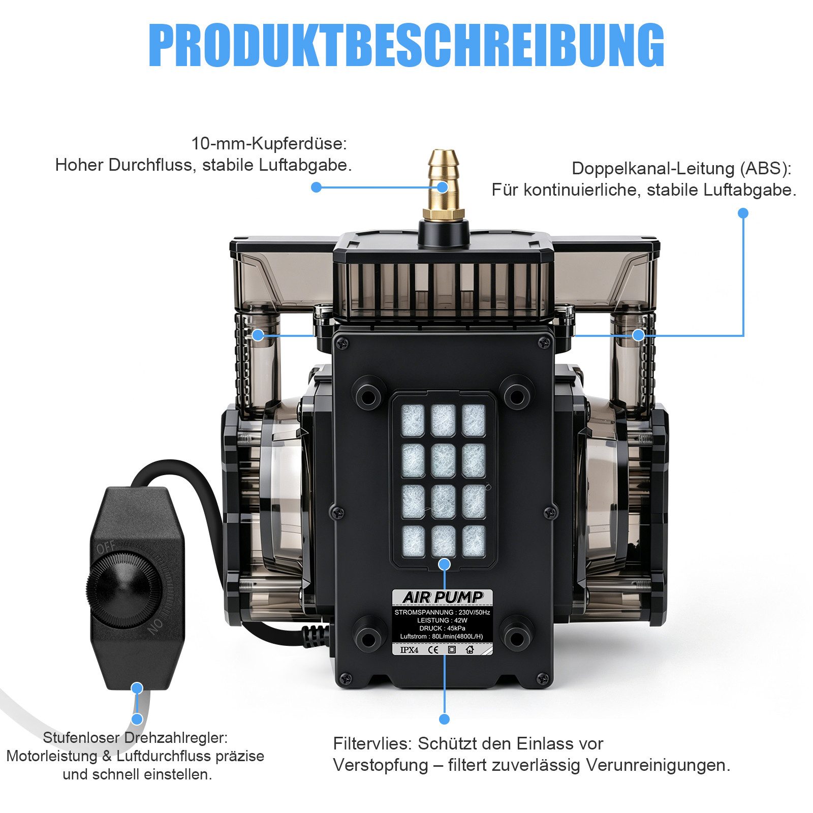XERSEK Teichpumpe 42W 4800L/H Aquarium Luftpumpe Teichbelüfter Regelbare Belüfterpumpe (Set, Alu Sauerstoffpumpe mit 12 Ausgänge & Dual-Kanal-Kupfermotor), für Aquarium Teich Hydroponisch und Großaquarien‌
