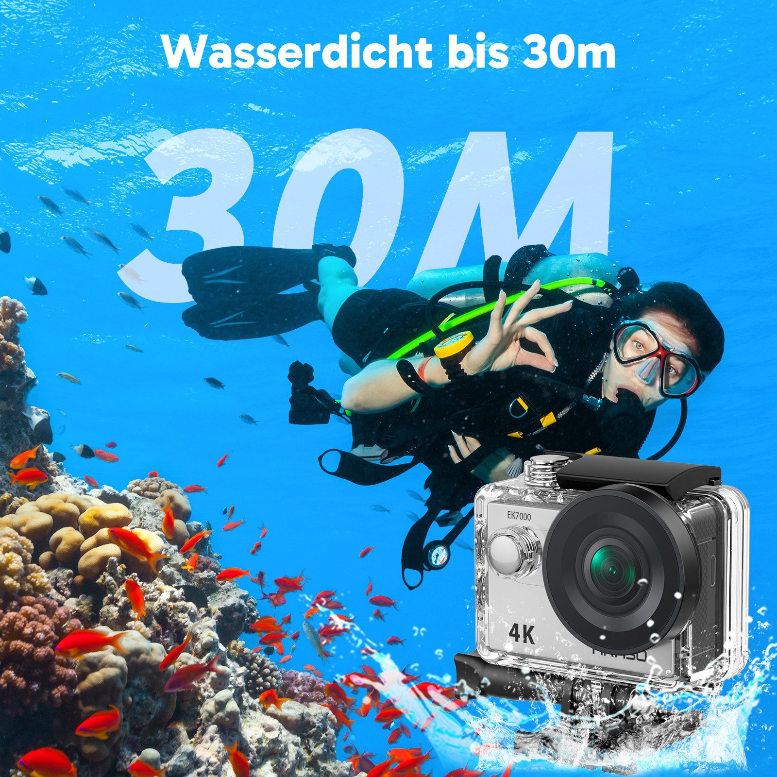 Akaso EK7000 Action Cam (4K Ultra HD, WLAN (Wi-Fi), 30M wasserdicht, 170°Ultra Weitwinkelt, Fernbedienung)