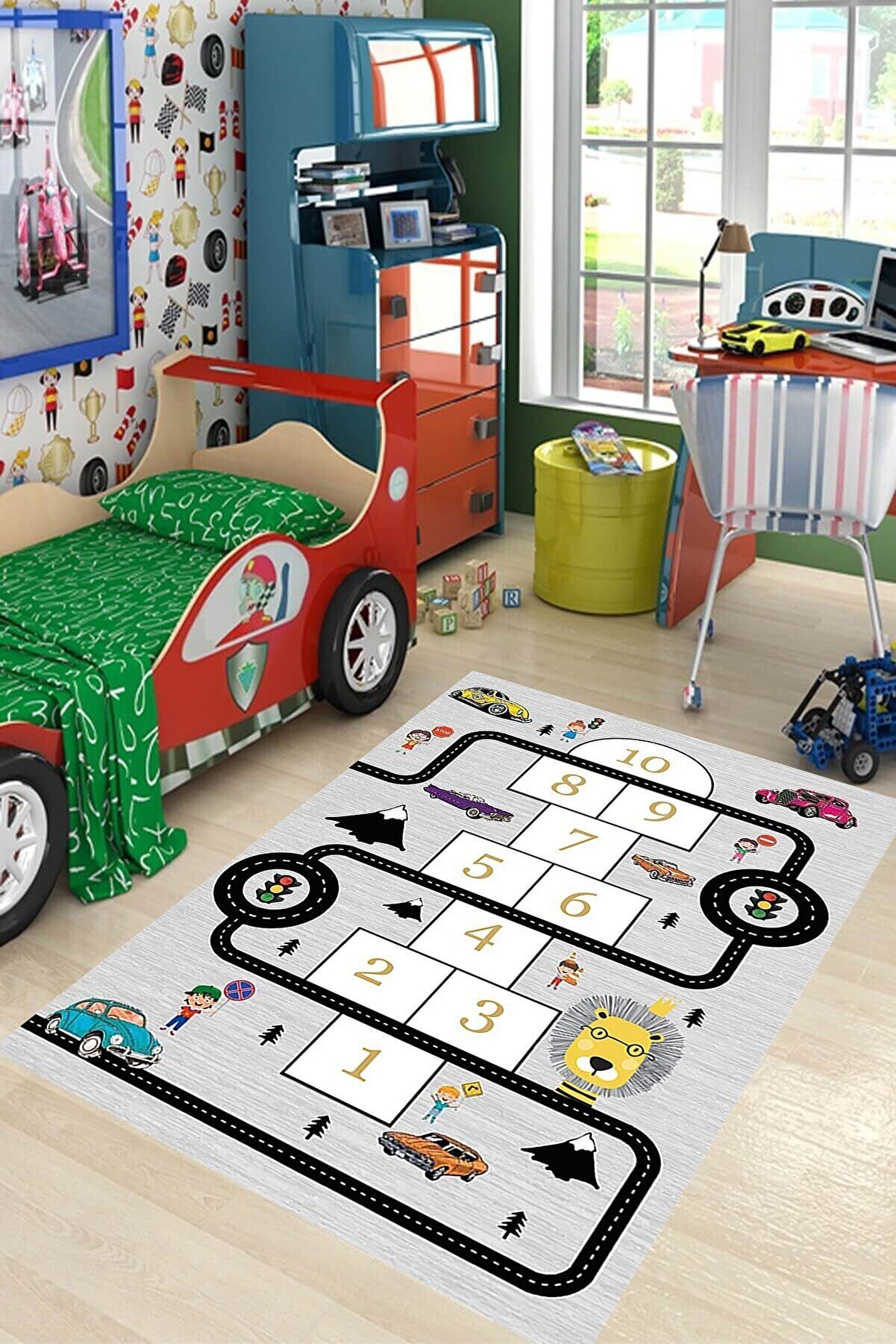 Jungengel Teppich Kinderteppich Hüpfspiel mit Autos und Verkehrsschildern, günstig online kaufen