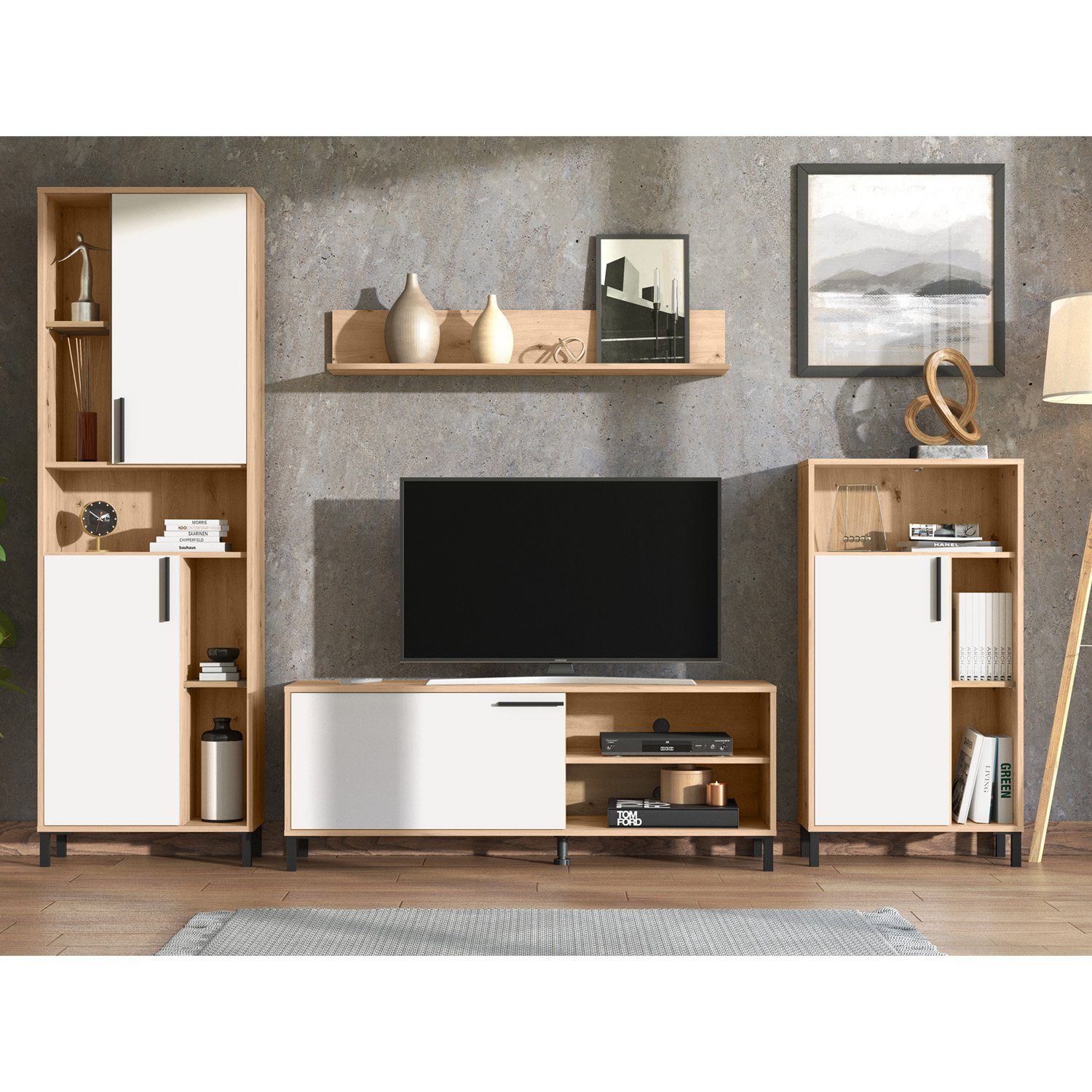 Homestyle4u Wohnwand Schrankwand 4 tlg. Anbauwand Weiß oder Grau, (Set, 4-St., 4-teilig)