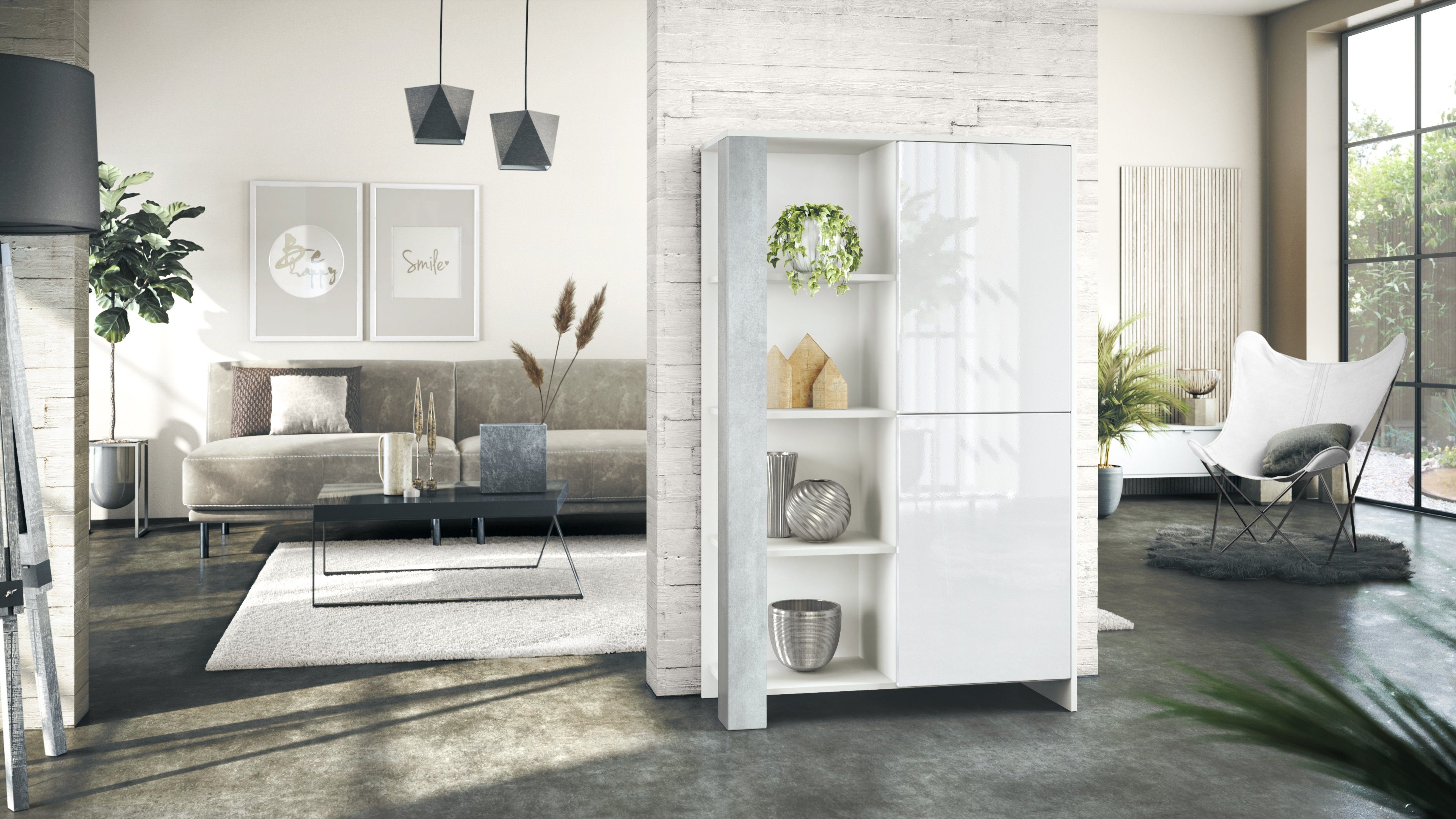 Vladon Highboard Canto (Highboard, mit 2 Türen und 8 Fächern), Weiß matt, Weiß Hochglanz, Beton Oxid Optik