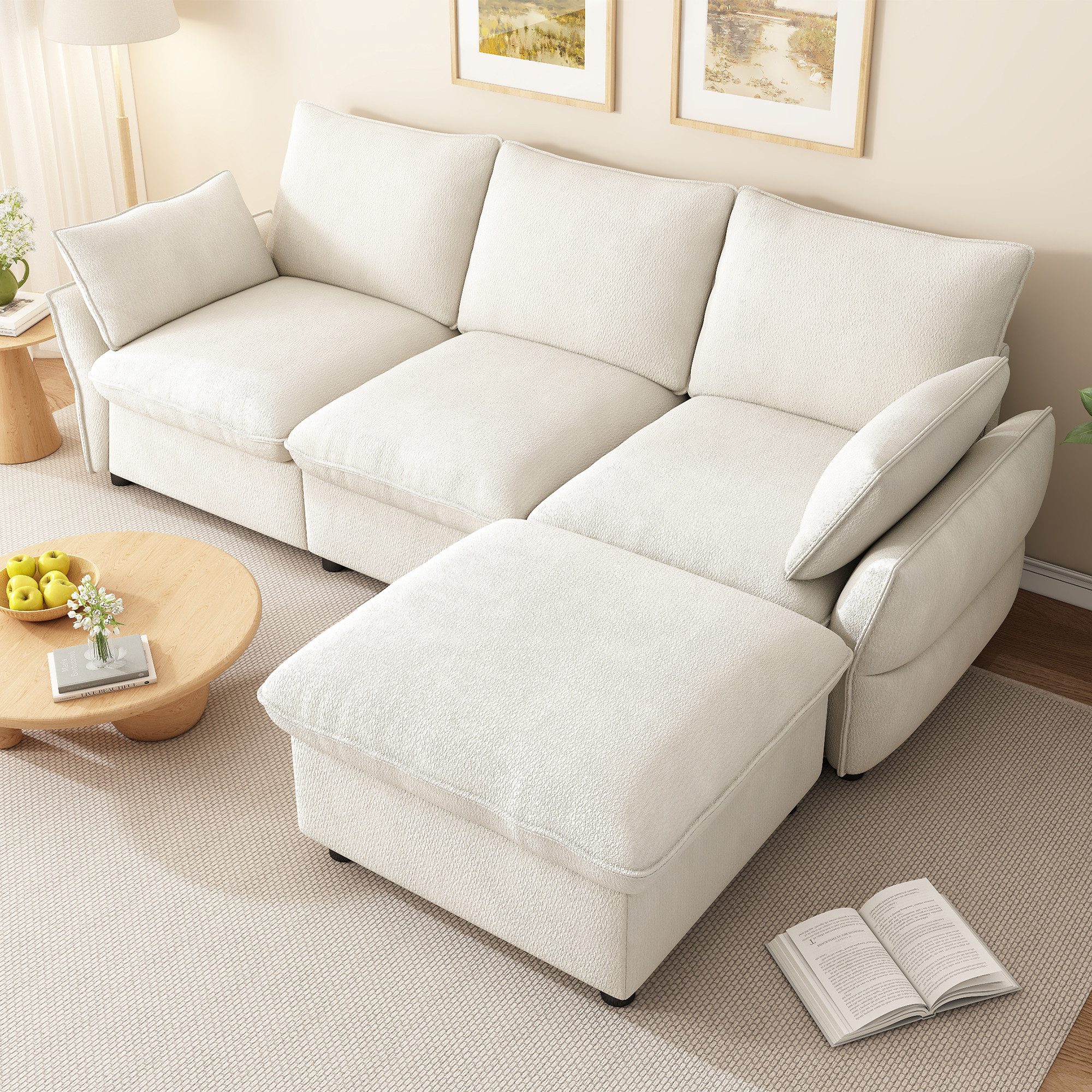 i@home Ecksofa Moderner Ecksofa mit 1 Hocker, 3-Sitzer Sofa aus Chenille, geeignet für Wohnzimmer, Apartment, Beige, 222,5 × 154,5 × 76,5 cm