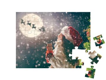 puzzleYOU Puzzle Frohe Weihnachten: Mädchen mit Weihnachtsgeschenk, 48 Puzzleteile, puzzleYOU-Kollektionen Weihnachten