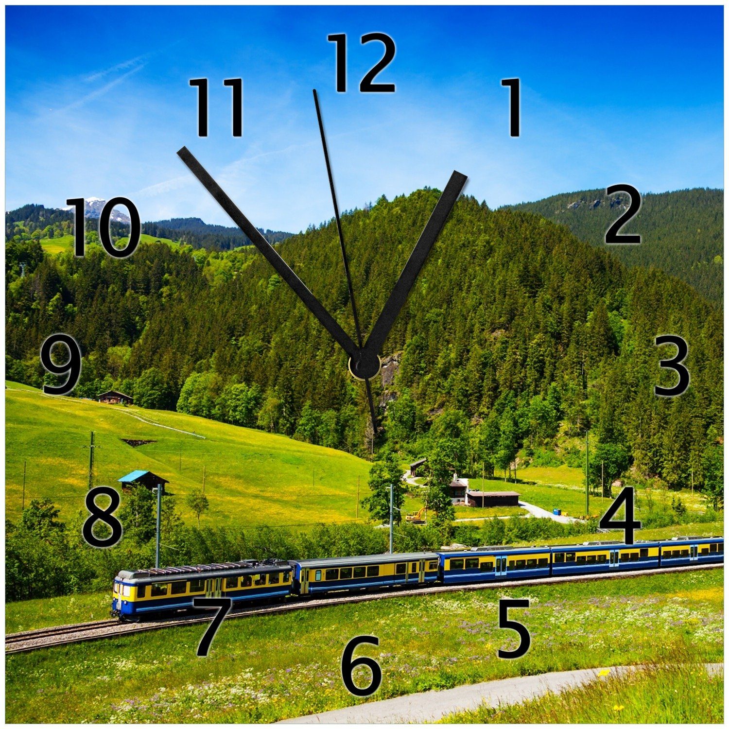 Wallario Wanduhr Sommerlandschaft Schweiz einer Eisenbahn der in in (Glasuhr)