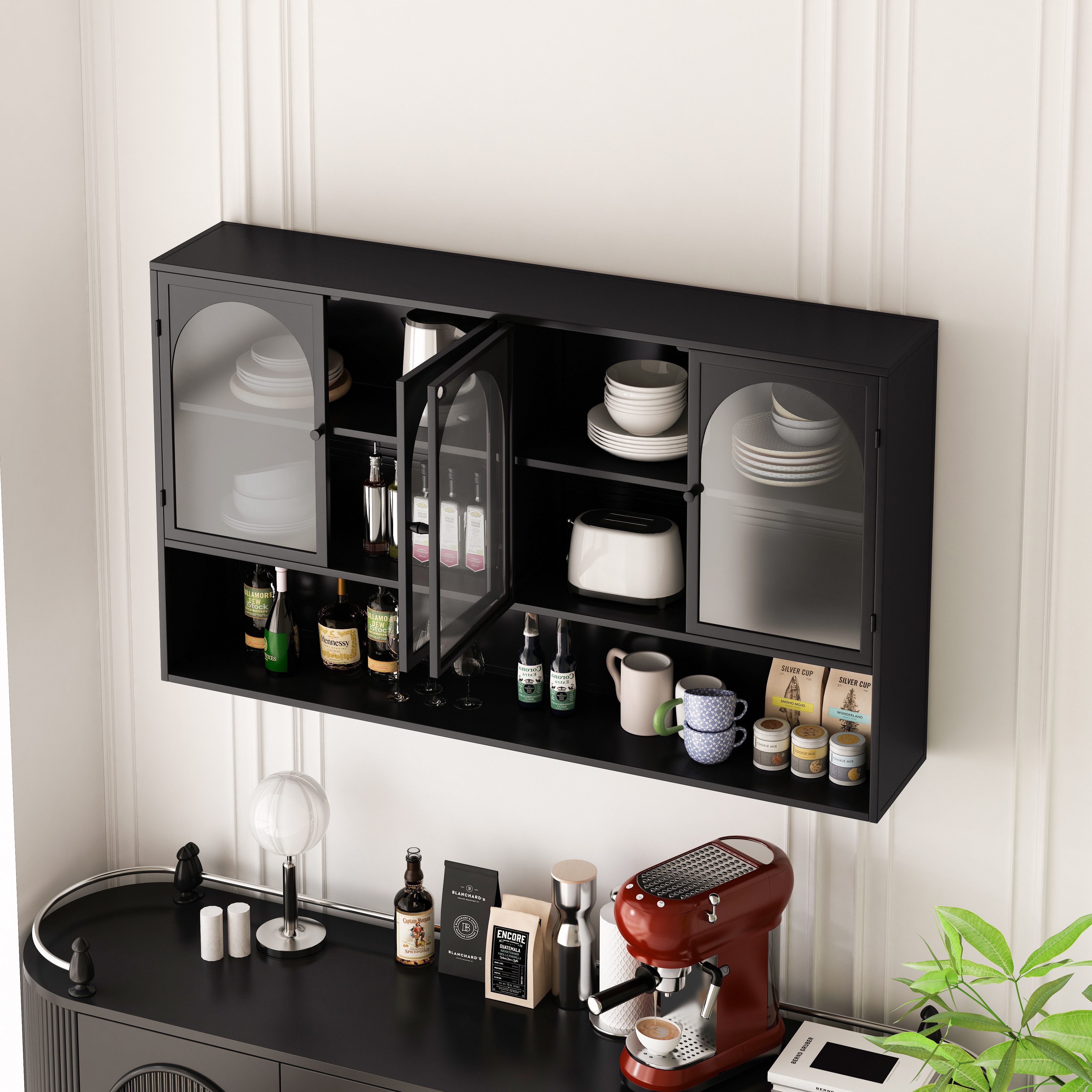 Celya Wandhängeschrank 120 cm vier Türen Glas Wandschrank Aufbewahrung, Wandmontage, geeignet für Küche, Wohnzimmer, Badezimmer, Schwarz