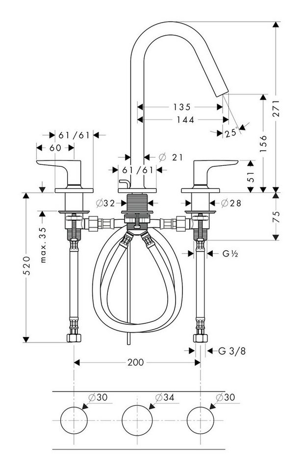 Thumbnail - hansgrohe Waschtischarmatur Axor Citterio M 160 3-Loch mit Zugstangen-Ablaufgarnitur