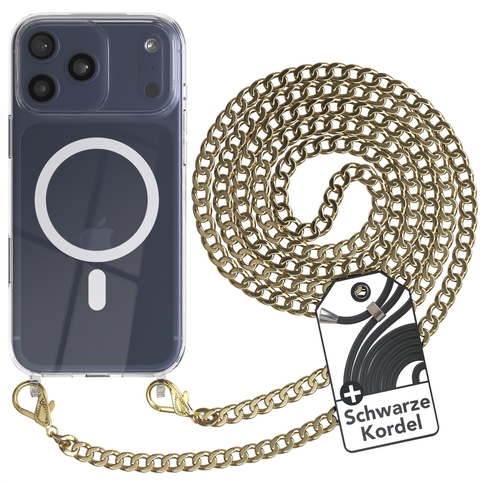 EAZY CASE Handykette Metallkette MagSafe Hülle für iPhone 17 Pro Max 6,9 Zoll, Handyhülle Transparent Smartphonekette für Unterwegs Necklace in Gold