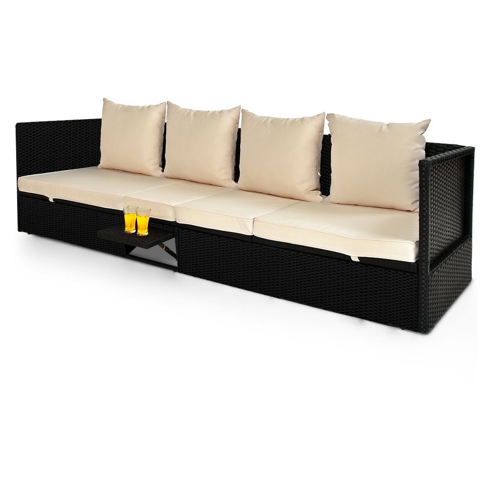 Casaria Gartenliege Schwarz, Polyrattan Gartenmöbel Lounge 200x60 cm mit Auflage Verstellbare