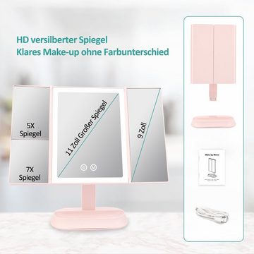 EMKE Kosmetikspiegel EMKE Kosmetikspiegel LED, Schminkspiegel 5- und 7-Fach Vergrößerung, mit Touchschalter 3 Lichtfarben Dimmbar, USB Aufladbar