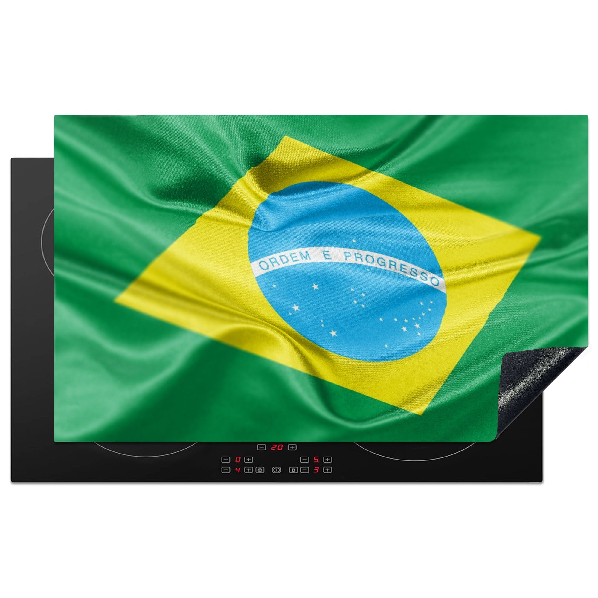 MuchoWow Herdblende-/Abdeckplatte Nahaufnahme der Flagge von Brasilien, Vinyl, (1 tlg), 83x51 cm, Ceranfeldabdeckung, Arbeitsplatte für küche